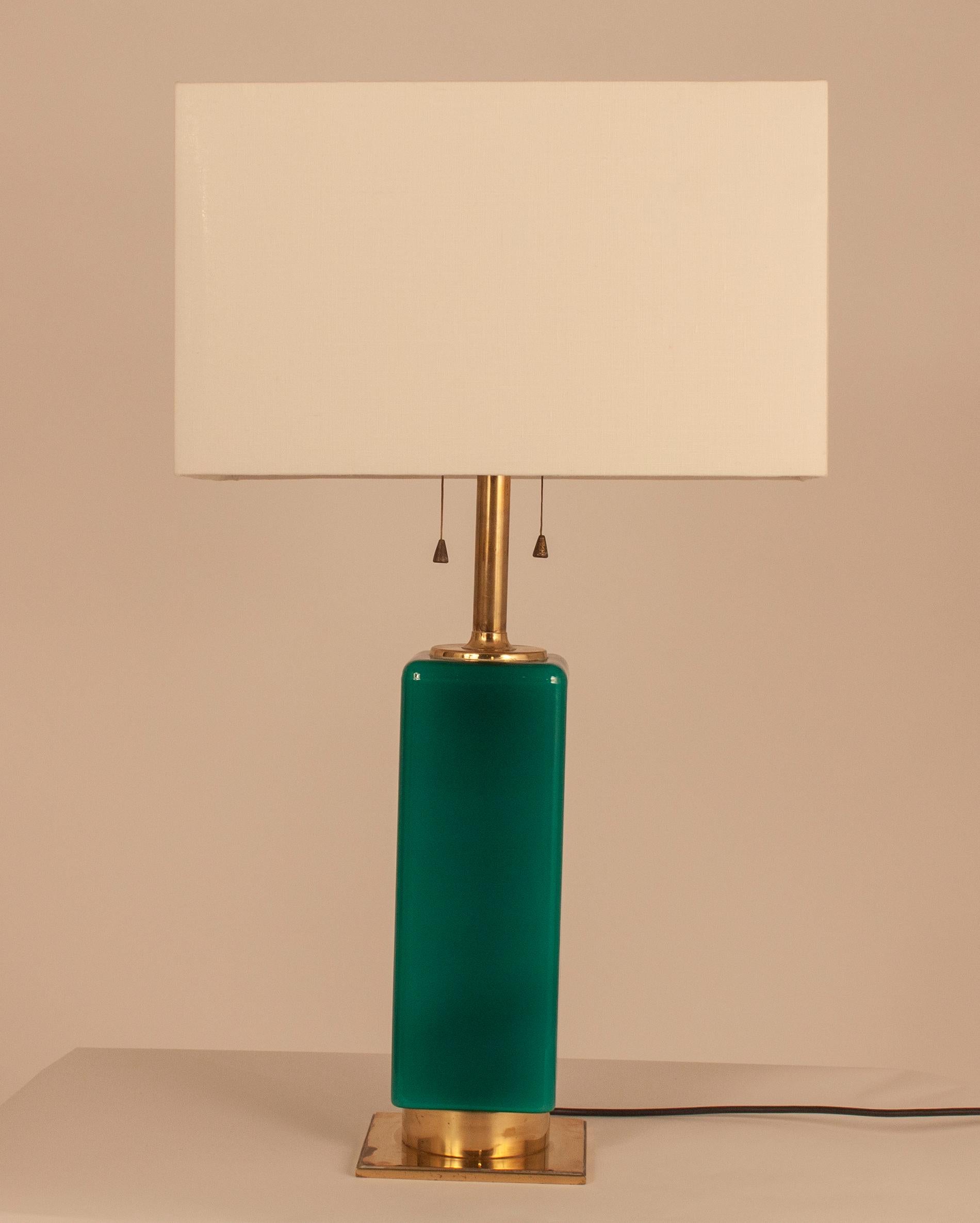 Mid-Century Modern Green Glass and Brass Table Lamp Metalarte, Spain, 1950s