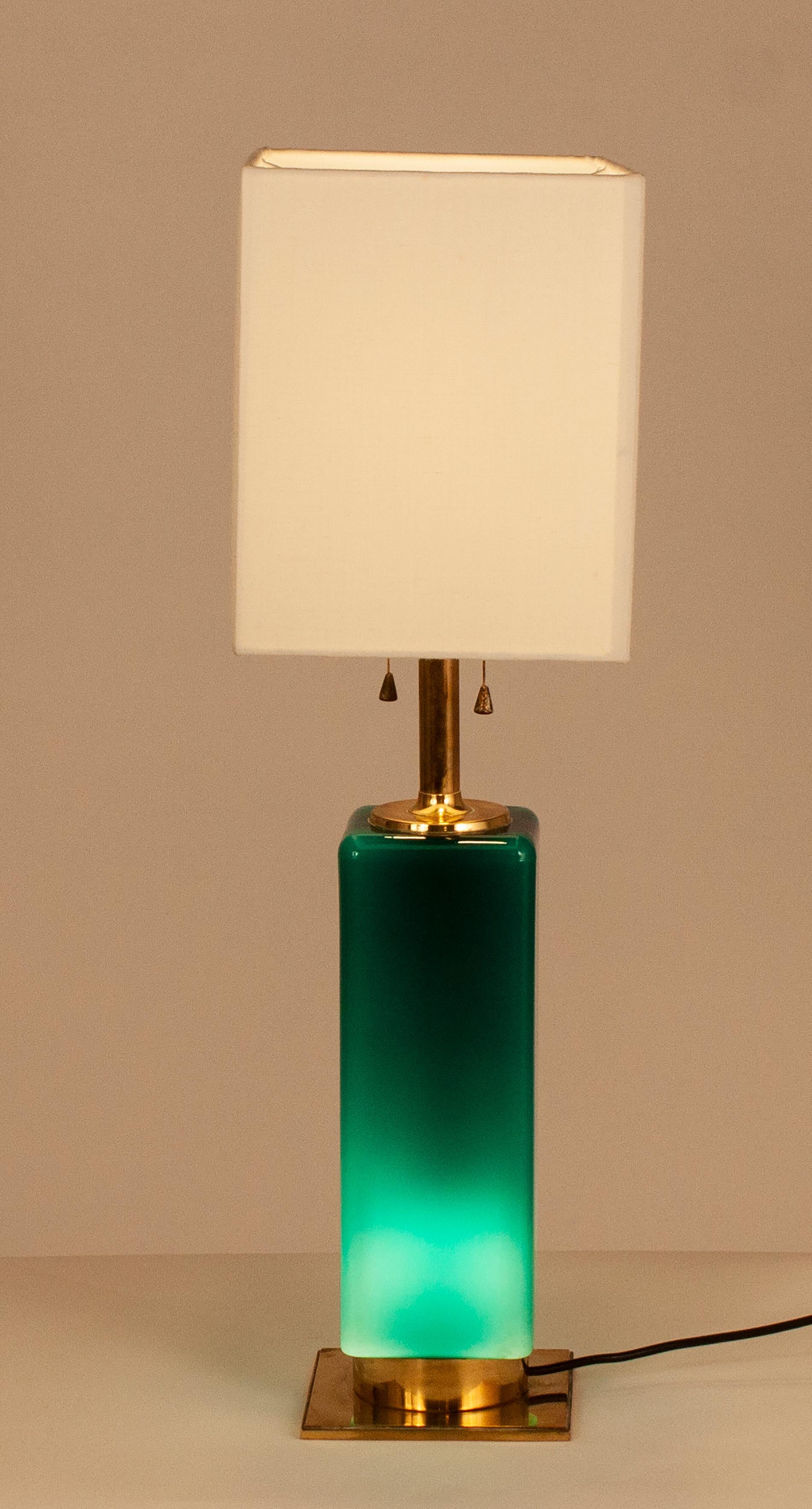 Green Glass and Brass Table Lamp Metalarte, Spain, 1950s In Good Condition In Barcelona, Cataluna