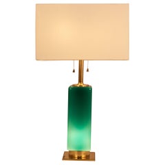 Green Glass and Brass Table Lamp Metalarte, Spain, 1950s