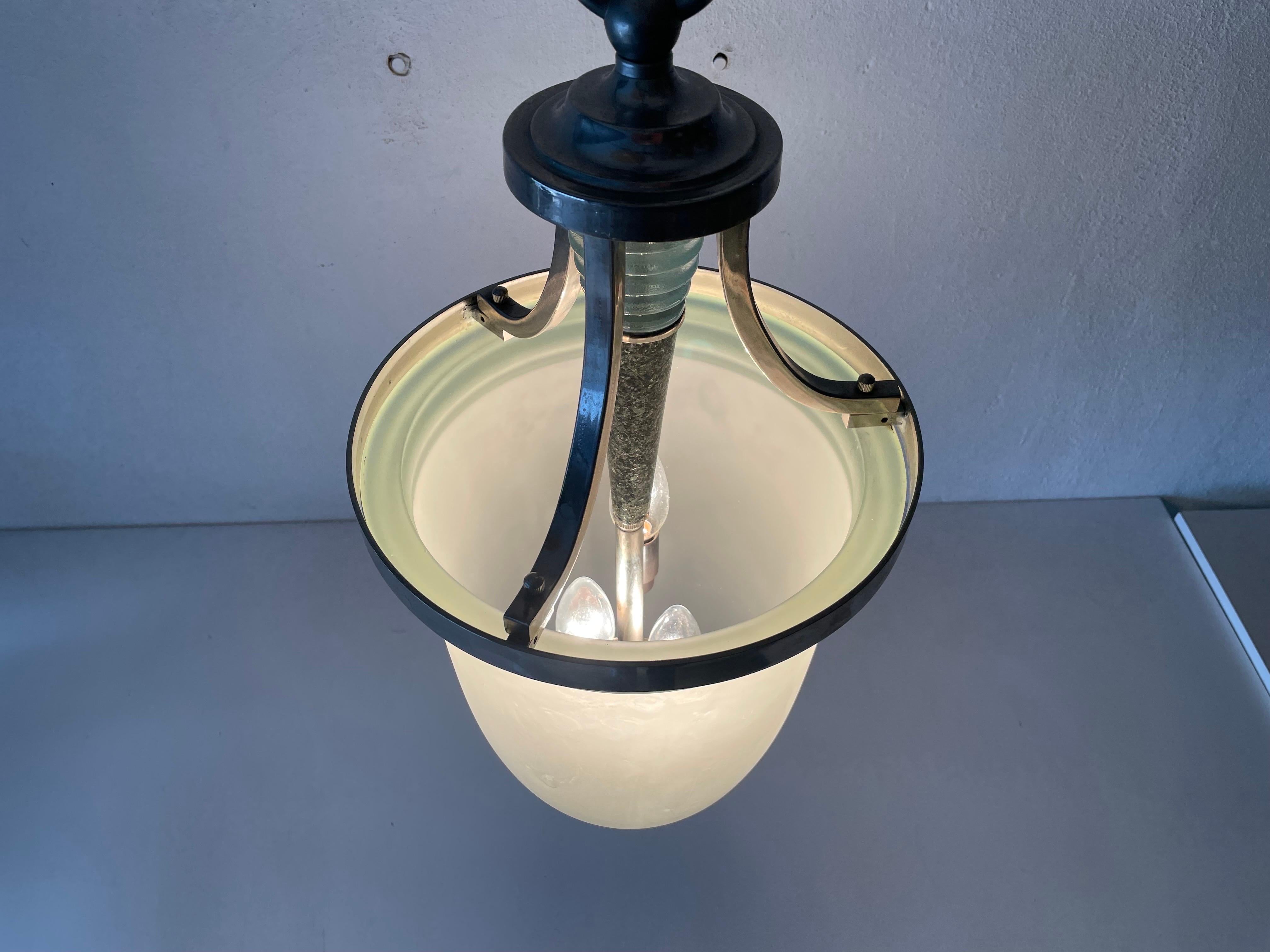 Green Glass and Marble Art Deco Chrome Body Ceiling Lamp, 1940s, Italy For Sale 11