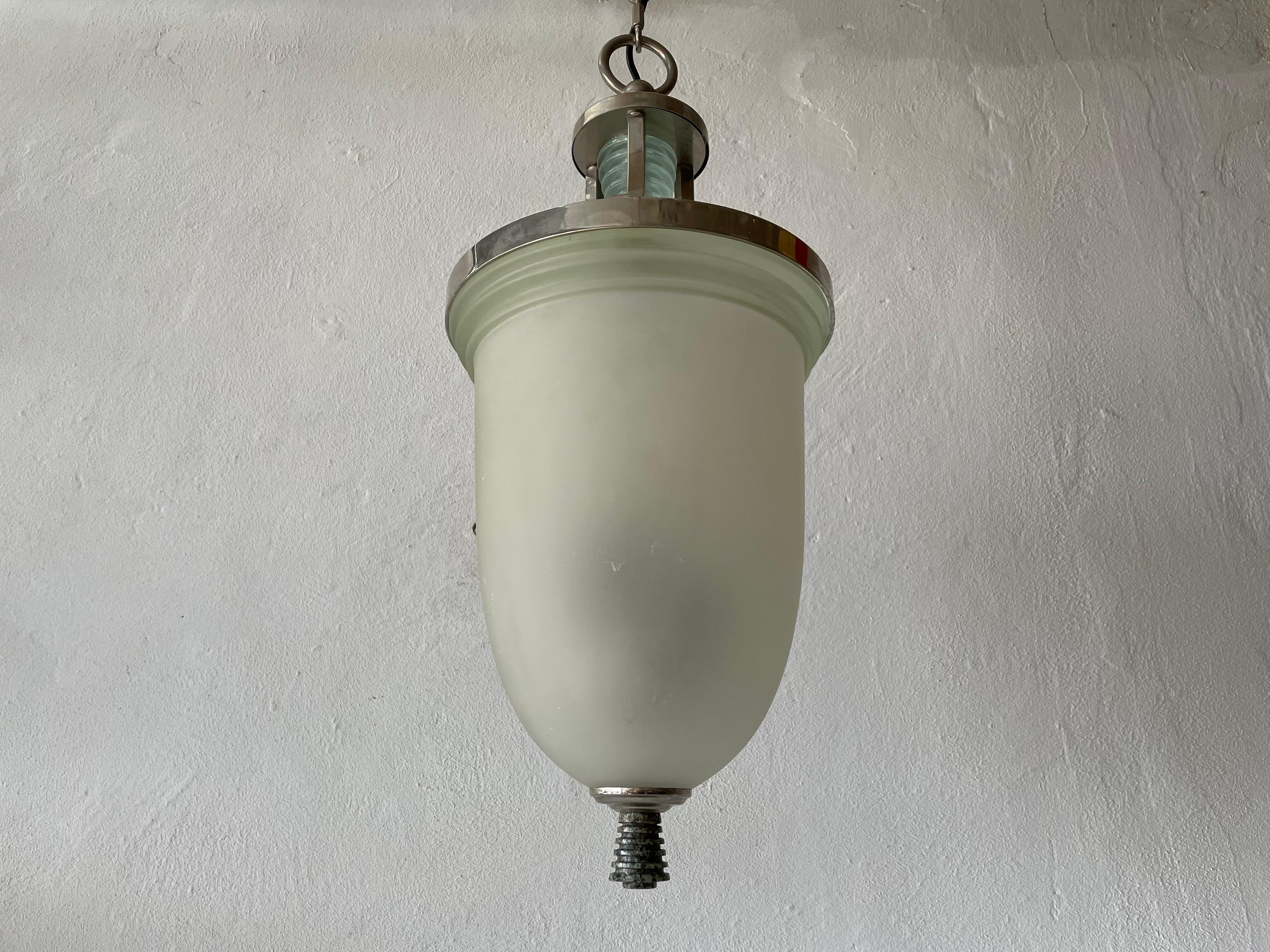 Mid-Century Modern Green Glass and Marble Art Deco Chrome Body Ceiling Lamp, 1940s, Italy For Sale