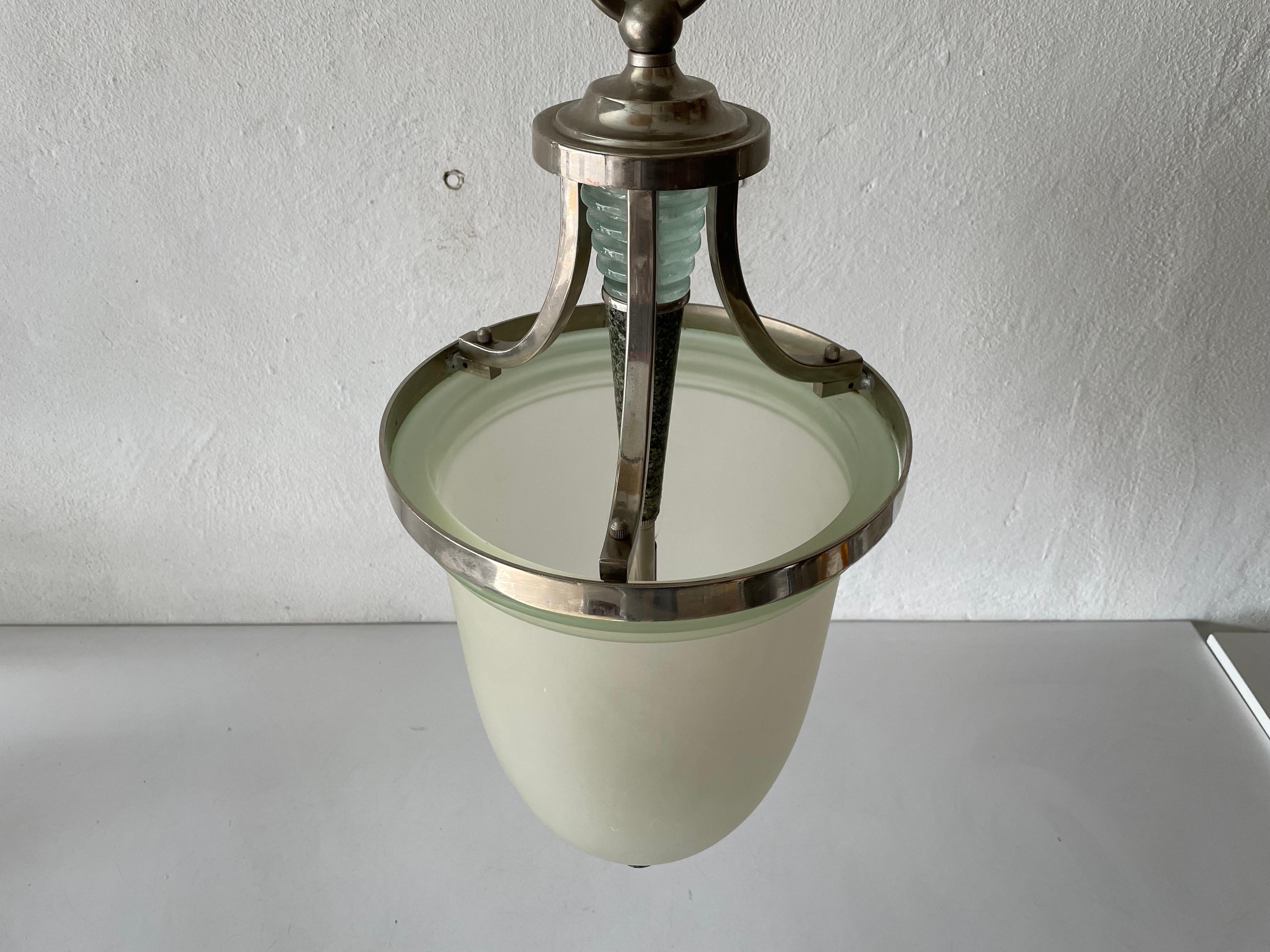 Italian Green Glass and Marble Art Deco Chrome Body Ceiling Lamp, 1940s, Italy For Sale