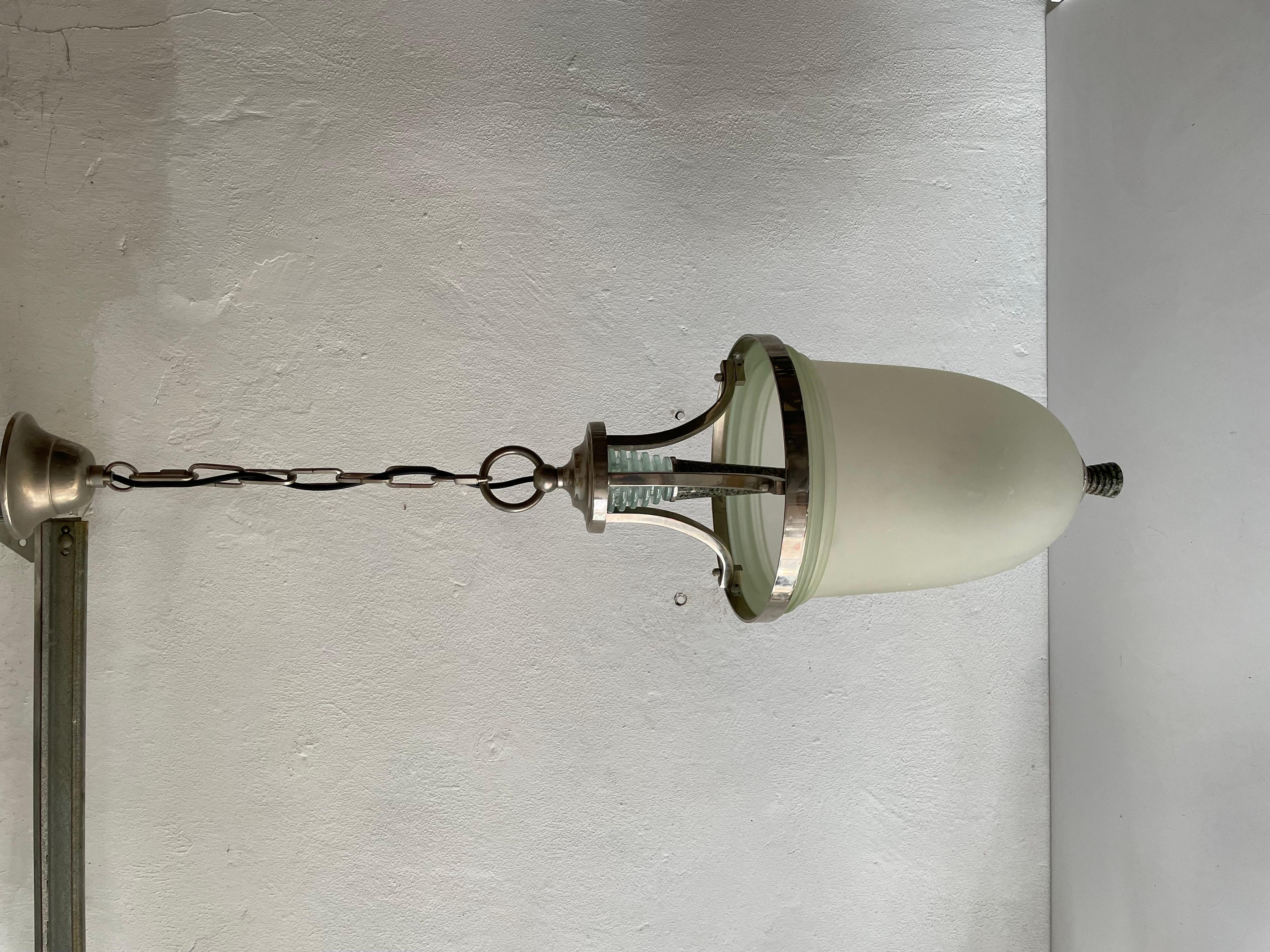 Green Glass and Marble Art Deco Chrome Body Ceiling Lamp, 1940s, Italy In Good Condition For Sale In Hagenbach, DE