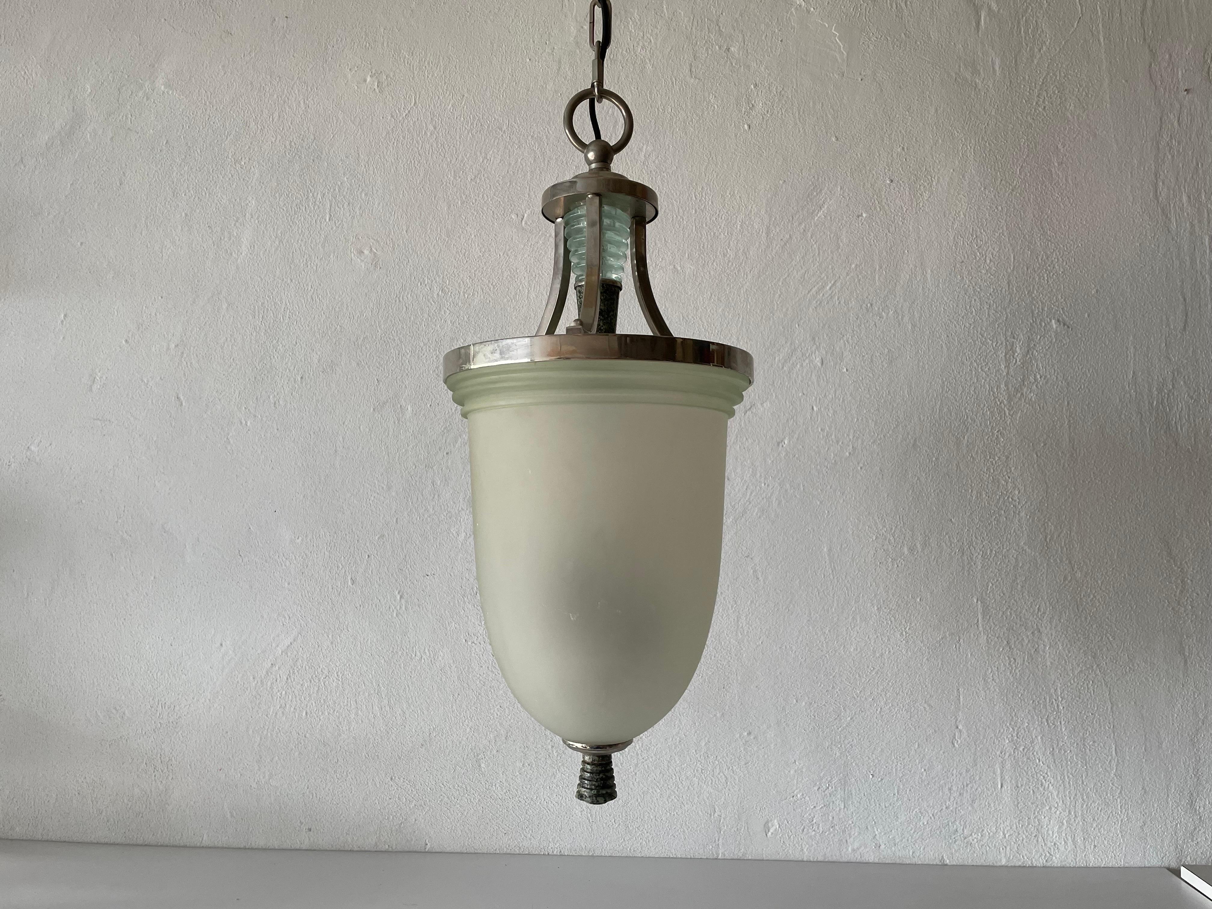 Mid-20th Century Green Glass and Marble Art Deco Chrome Body Ceiling Lamp, 1940s, Italy For Sale