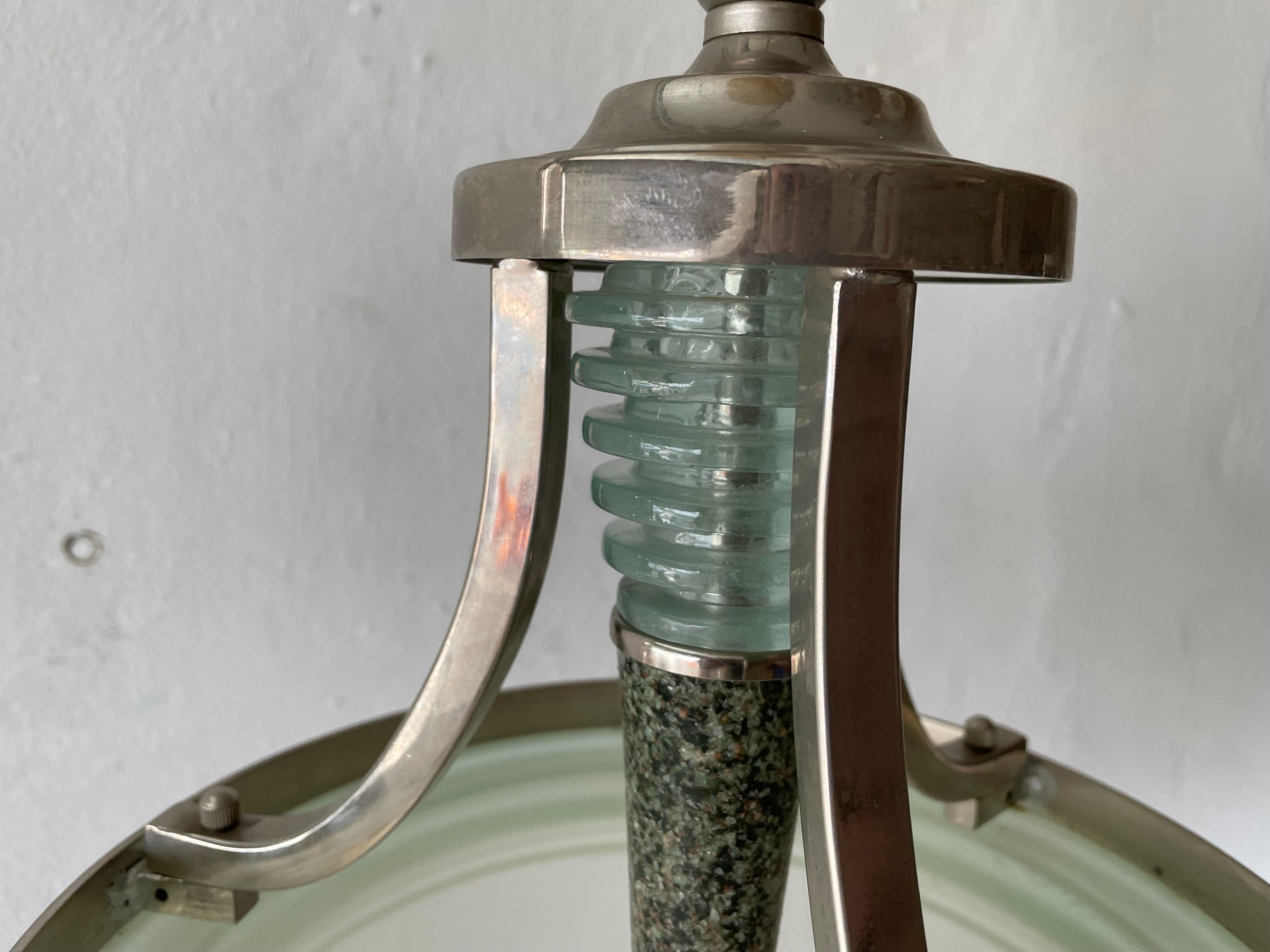 Green Glass and Marble Art Deco Chrome Body Ceiling Lamp, 1940s, Italy For Sale 3