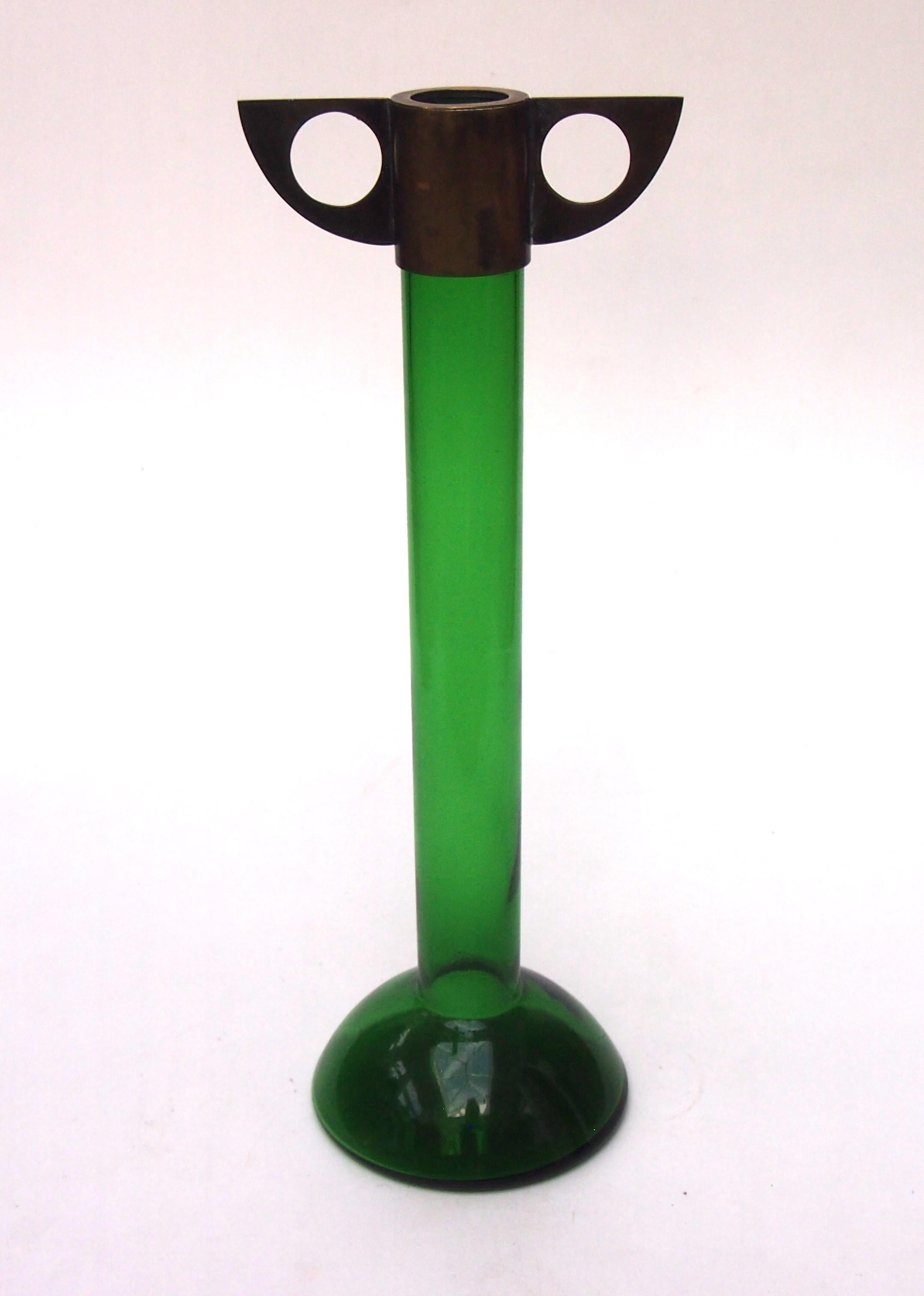 Vienna Secession Green Glass and Metal Solifleur  by Meyrs Neffe after a design by Joseph Hoffman For Sale