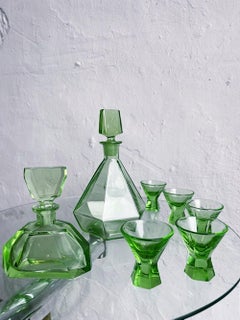 Green Glass Art Deco Liquor set, Czechoslovakia 1920s-1930s