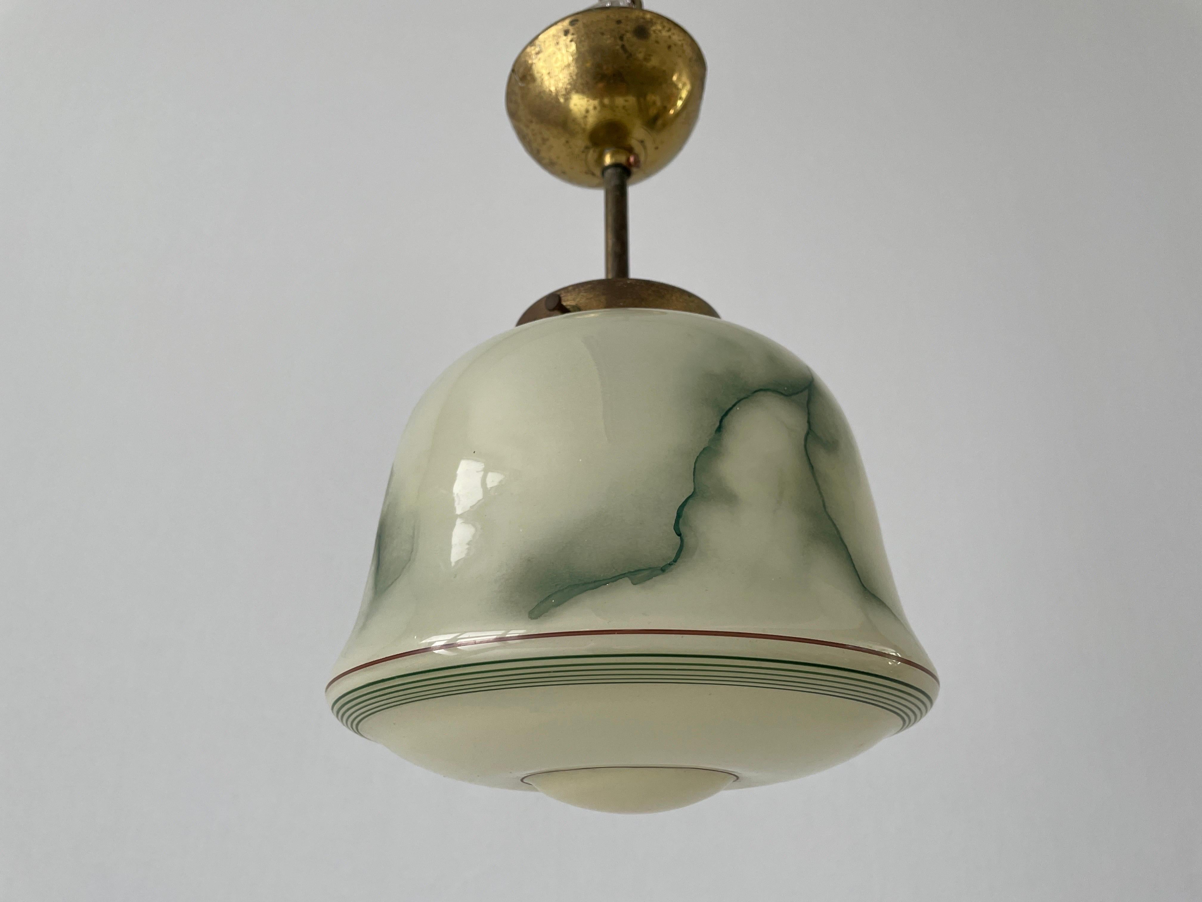 Brass Green Glass Art Deco Small Ceiling Lamp, 1950s, Germany For Sale