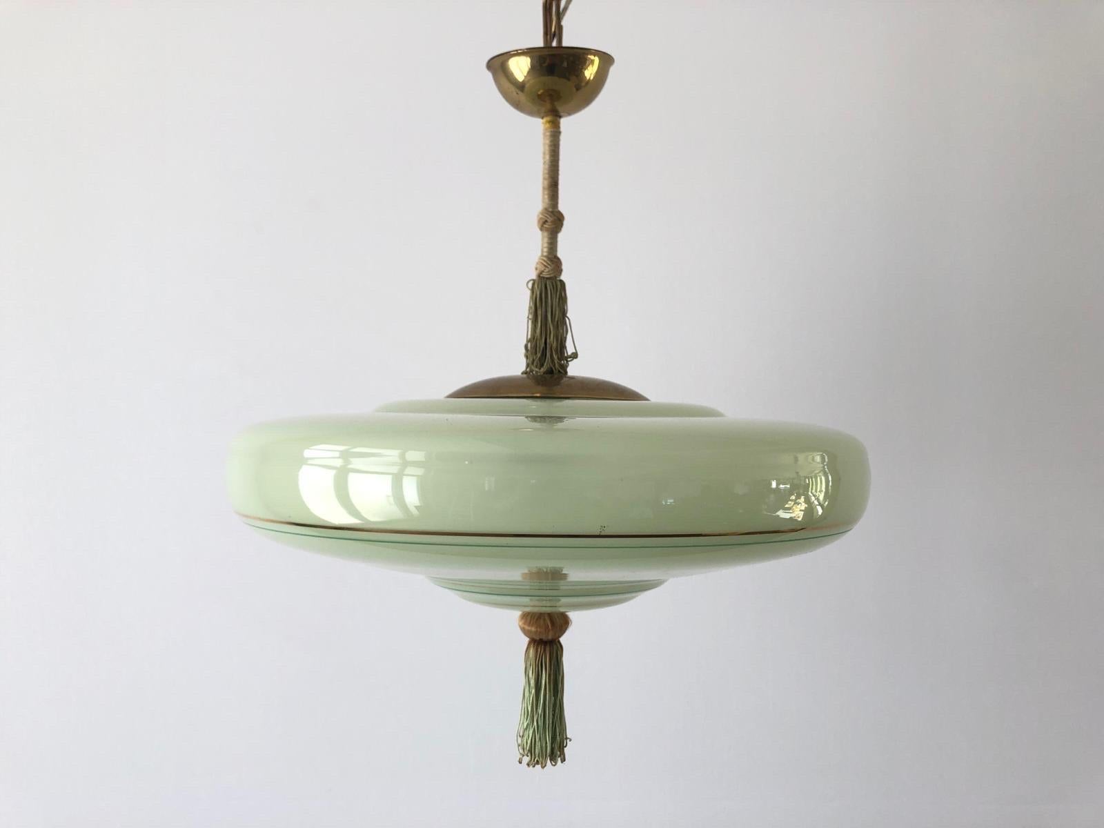 Green Glass Art Deco Style Ceiling Lamp, 1950s, Germany In Excellent Condition In Hagenbach, DE
