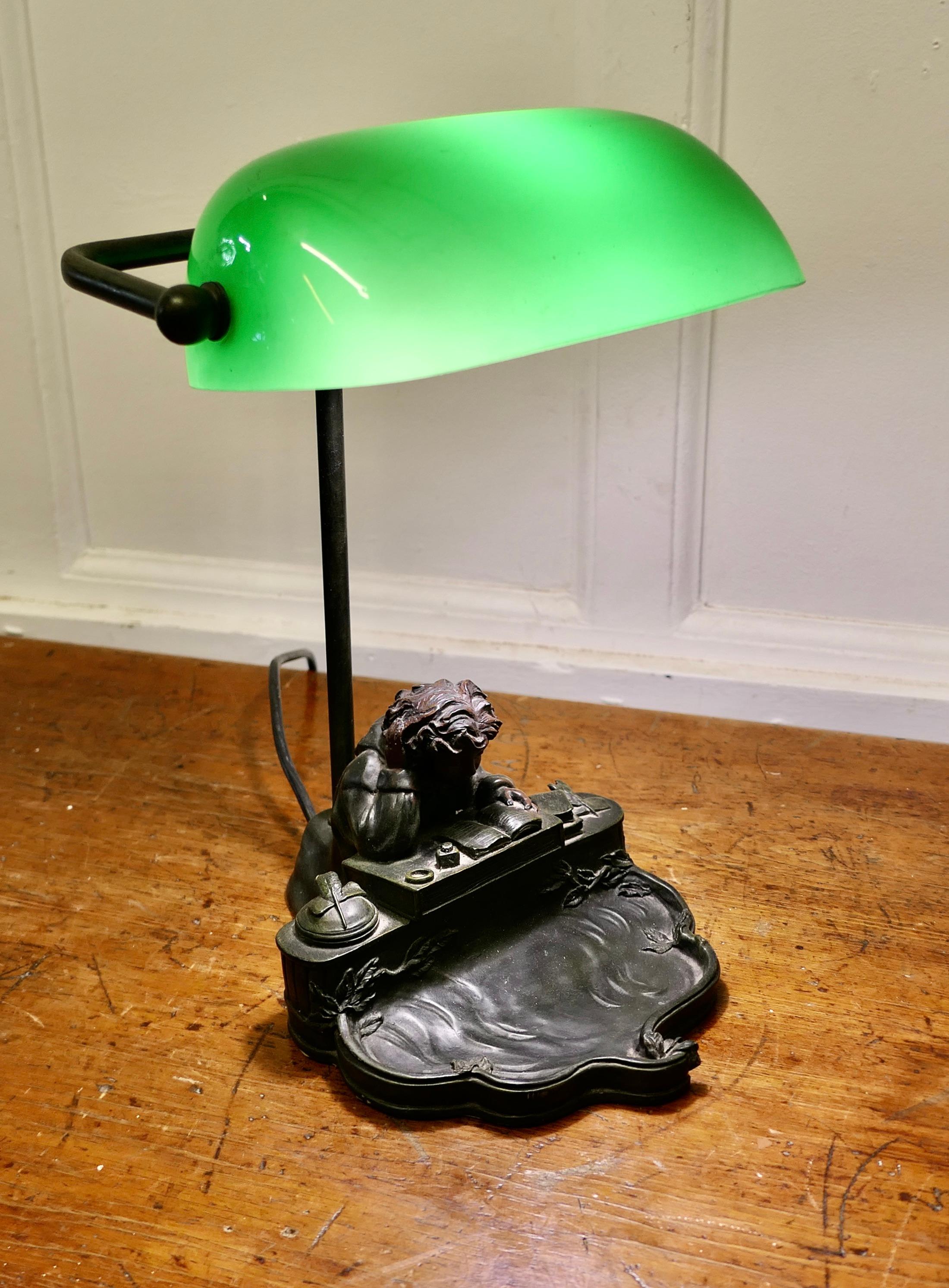 Art Nouveau Green Glass Banker’s Desk Lamp      For Sale