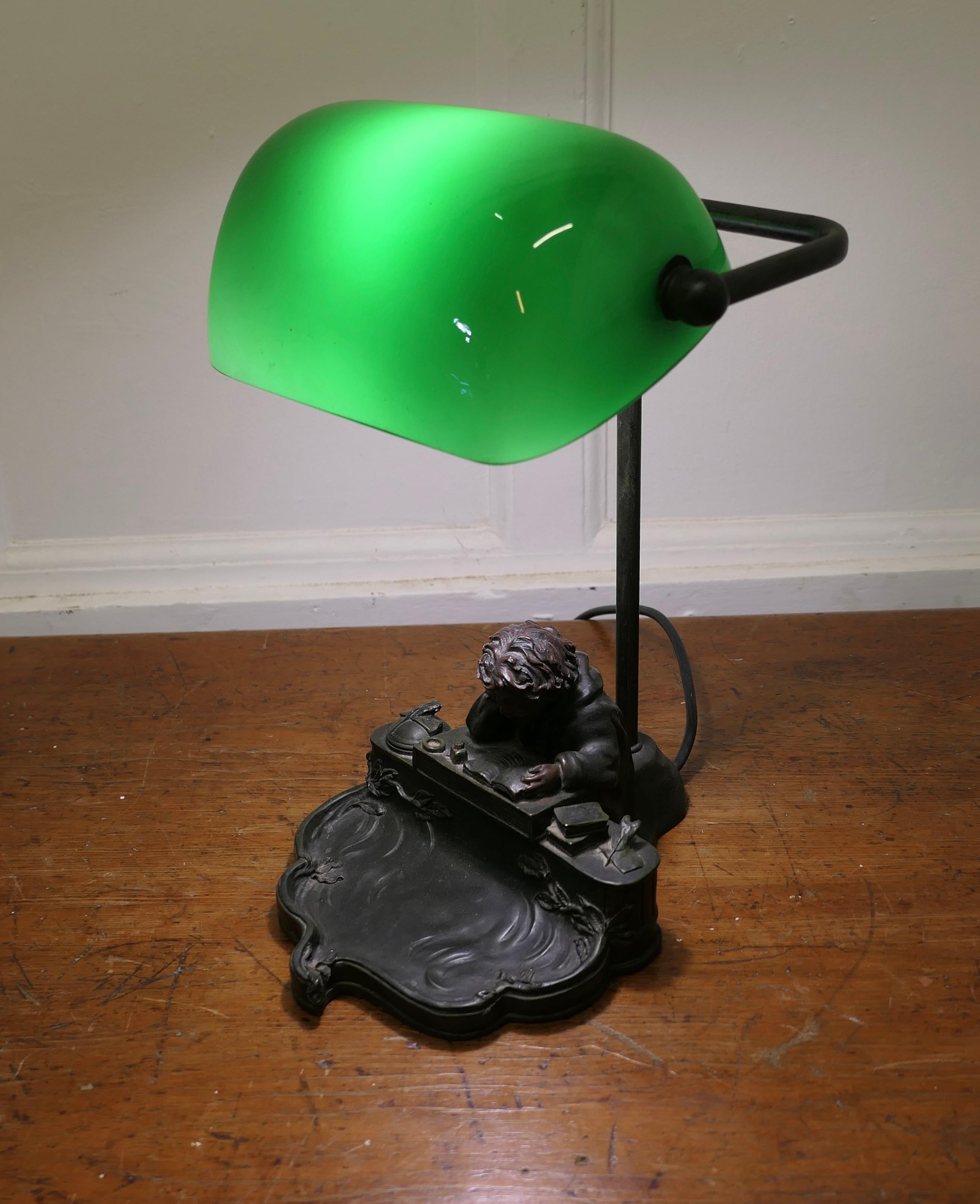 Banker's Desk Lamp aus grünem Glas      (Mitte des 20. Jahrhunderts) im Angebot