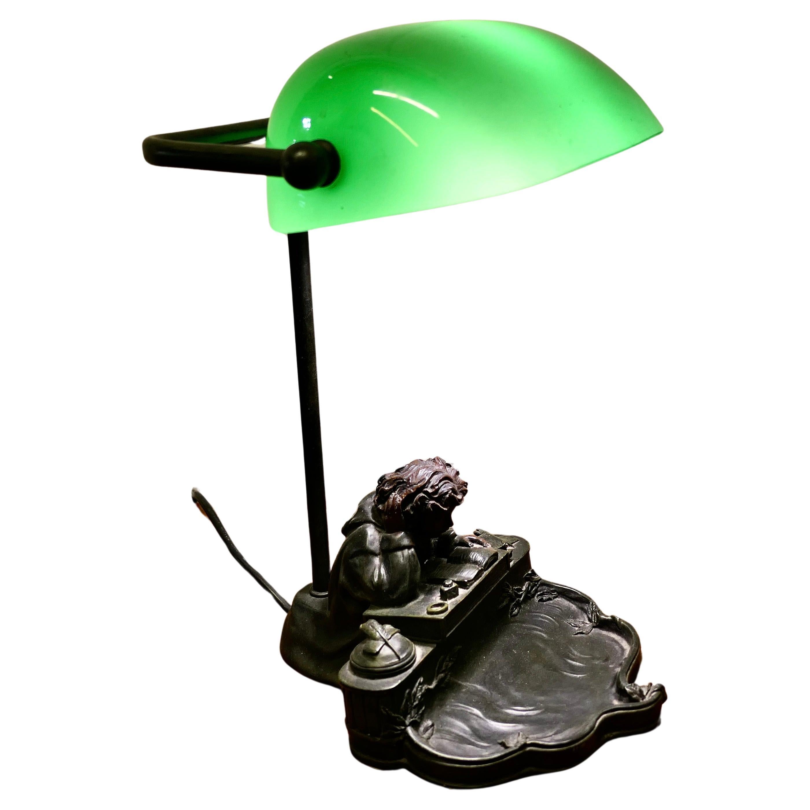 Green Glass Banker’s Desk Lamp      For Sale