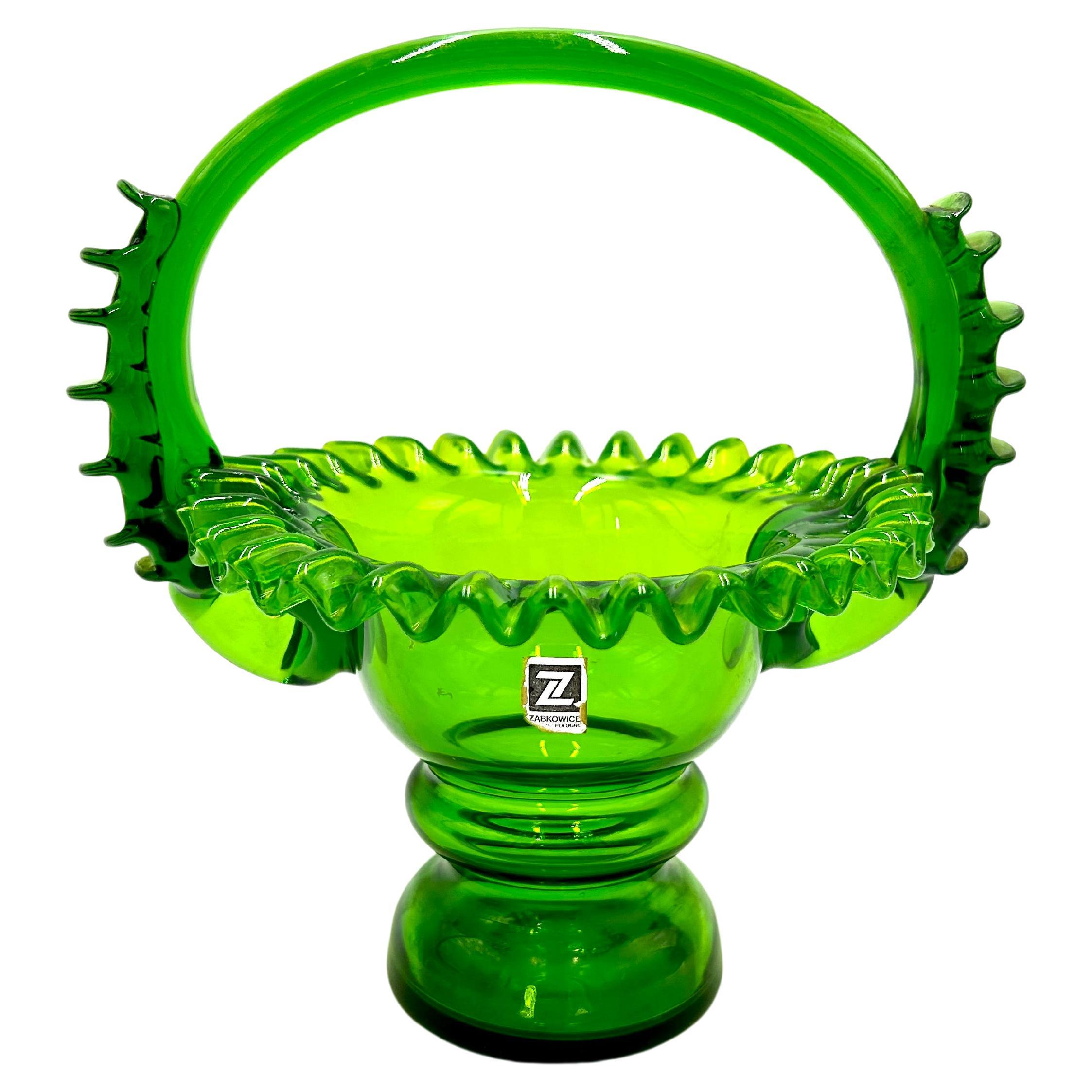 Green Glass Basket, Designed by L. Fiedorowicz, Ząbkowice, Poland, 1980s