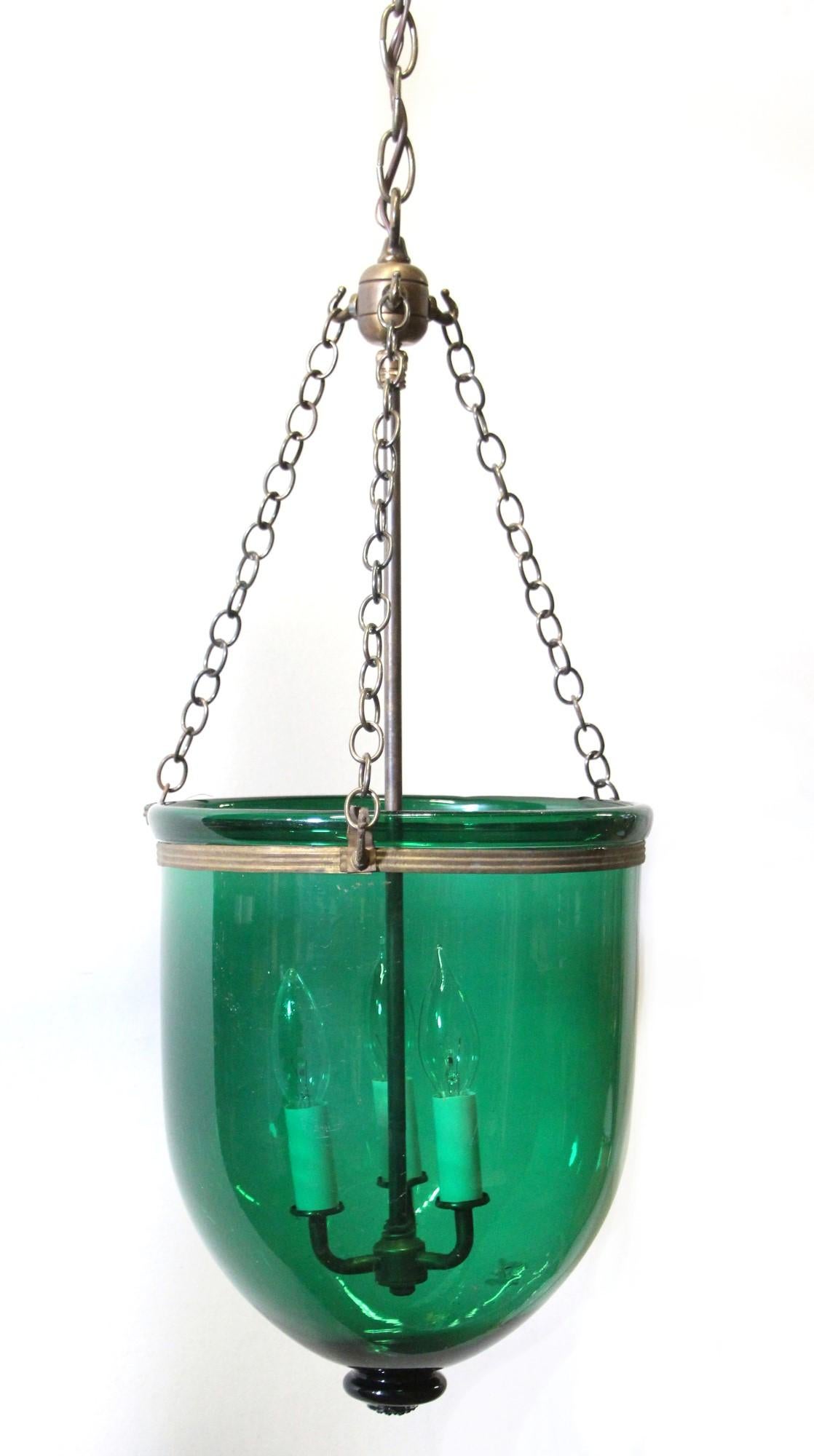 European Green Glass Bell Jar Pendant Light Hand-Blown W/ Brass Hardware + 3-Lights, 11.5
