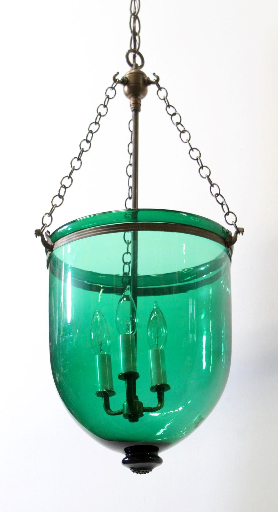 Green Glass Bell Jar Pendant Light Hand-Blown W/ Brass Hardware + 3-Lights, 11.5 In Good Condition In New York, NY