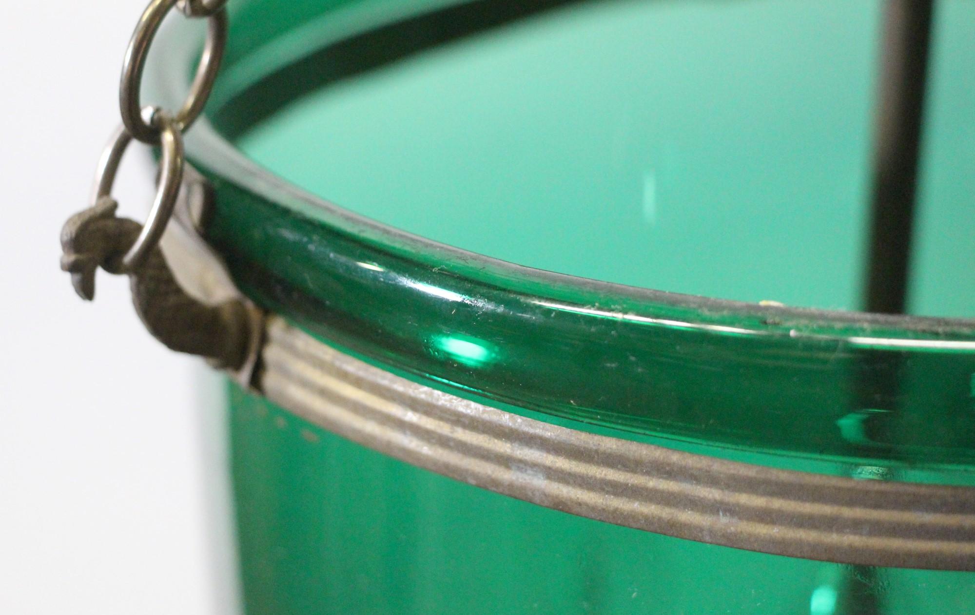 20th Century Green Glass Bell Jar Pendant Light Hand-Blown W/ Brass Hardware + 3-Lights, 11.5