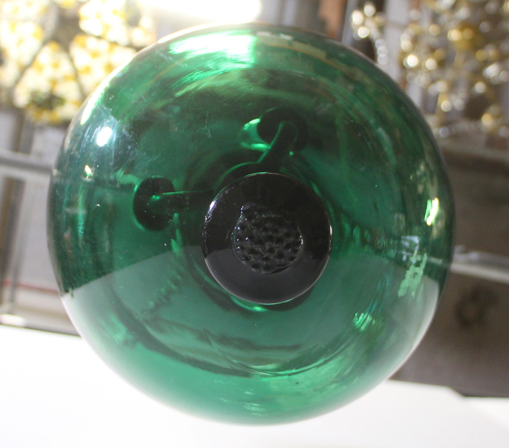Green Glass Bell Jar Pendant Light Hand-Blown W/ Brass Hardware + 3-Lights, 11.5 1