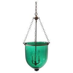 Green Glass Bell Jar Pendant Light Hand-Blown W/ Brass Hardware + 3-Lights, 11.5