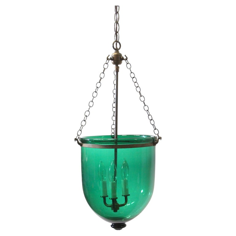 Green Glass Bell Jar Pendant Light HandBlown W/ Brass Hardware + 3Lights, 11.5 For Sale at 1stDibs
