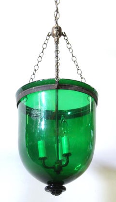 Green Glass Bell Jar Pendant Light Signed Val Saint Lambert, Late 1800s