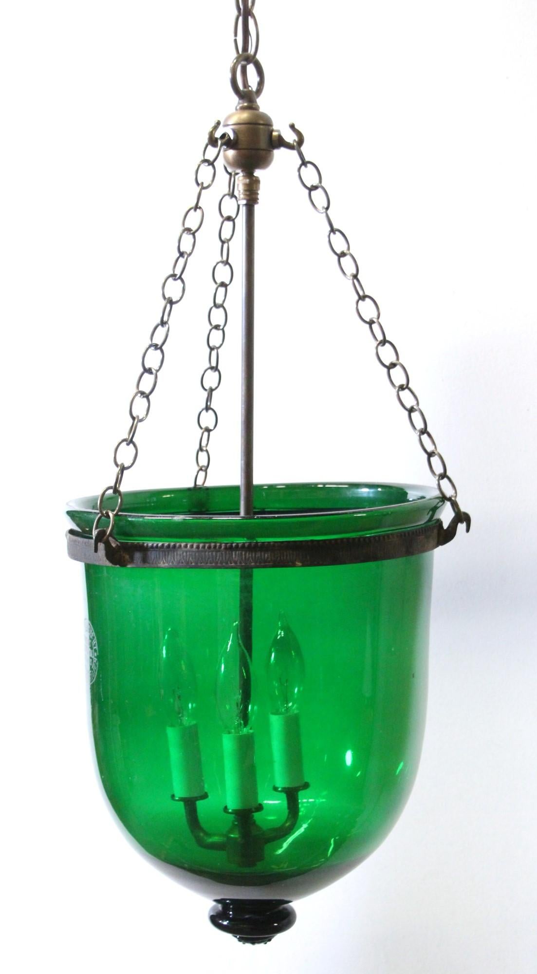 Victorian Green Glass Bell Jar Pendant Light Signed Val Saint Lambert, Late 1800s