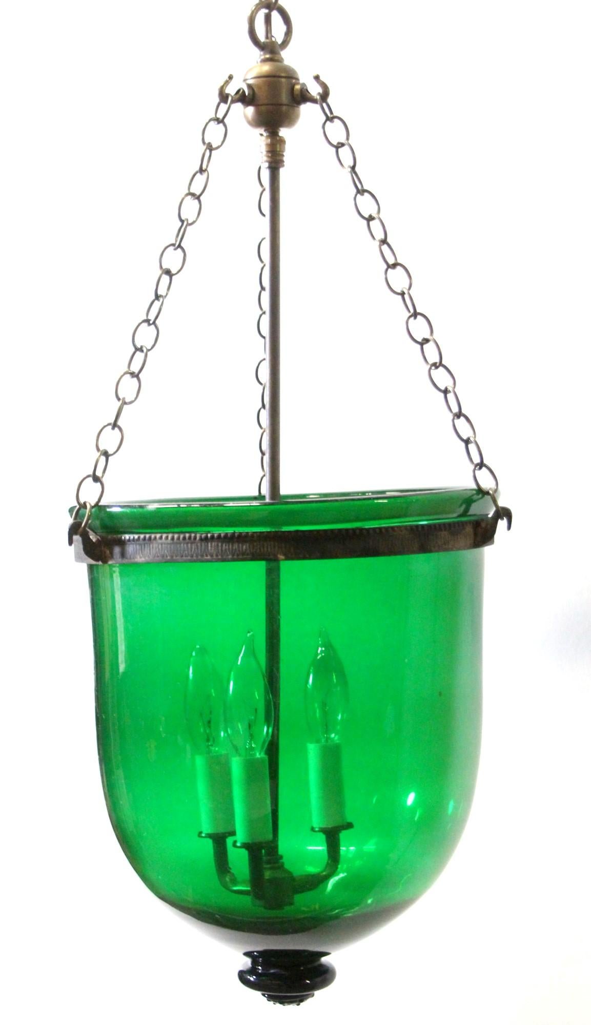 Green Glass Bell Jar Pendant Light Signed Val Saint Lambert, Late 1800s In Good Condition In New York, NY