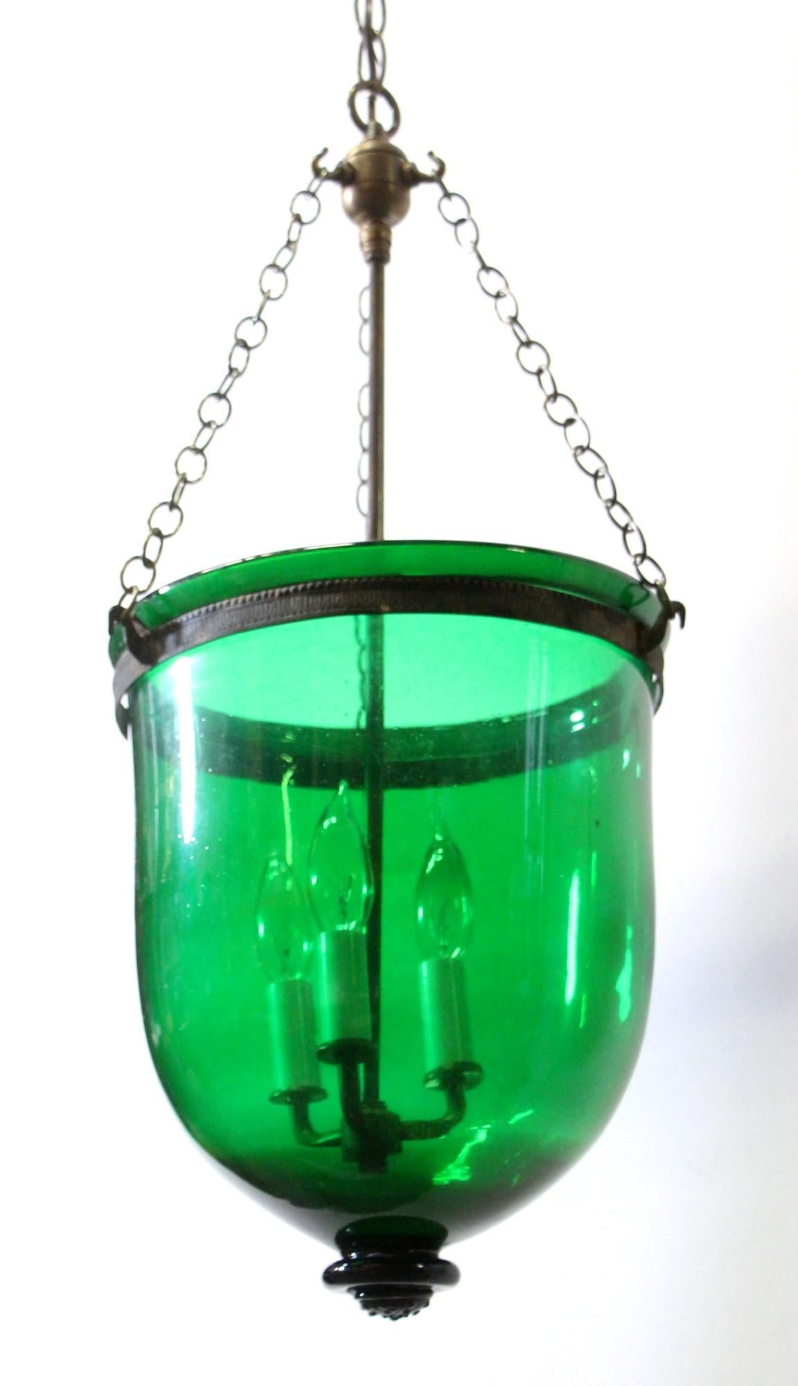 19th Century Green Glass Bell Jar Pendant Light Signed Val Saint Lambert, Late 1800s
