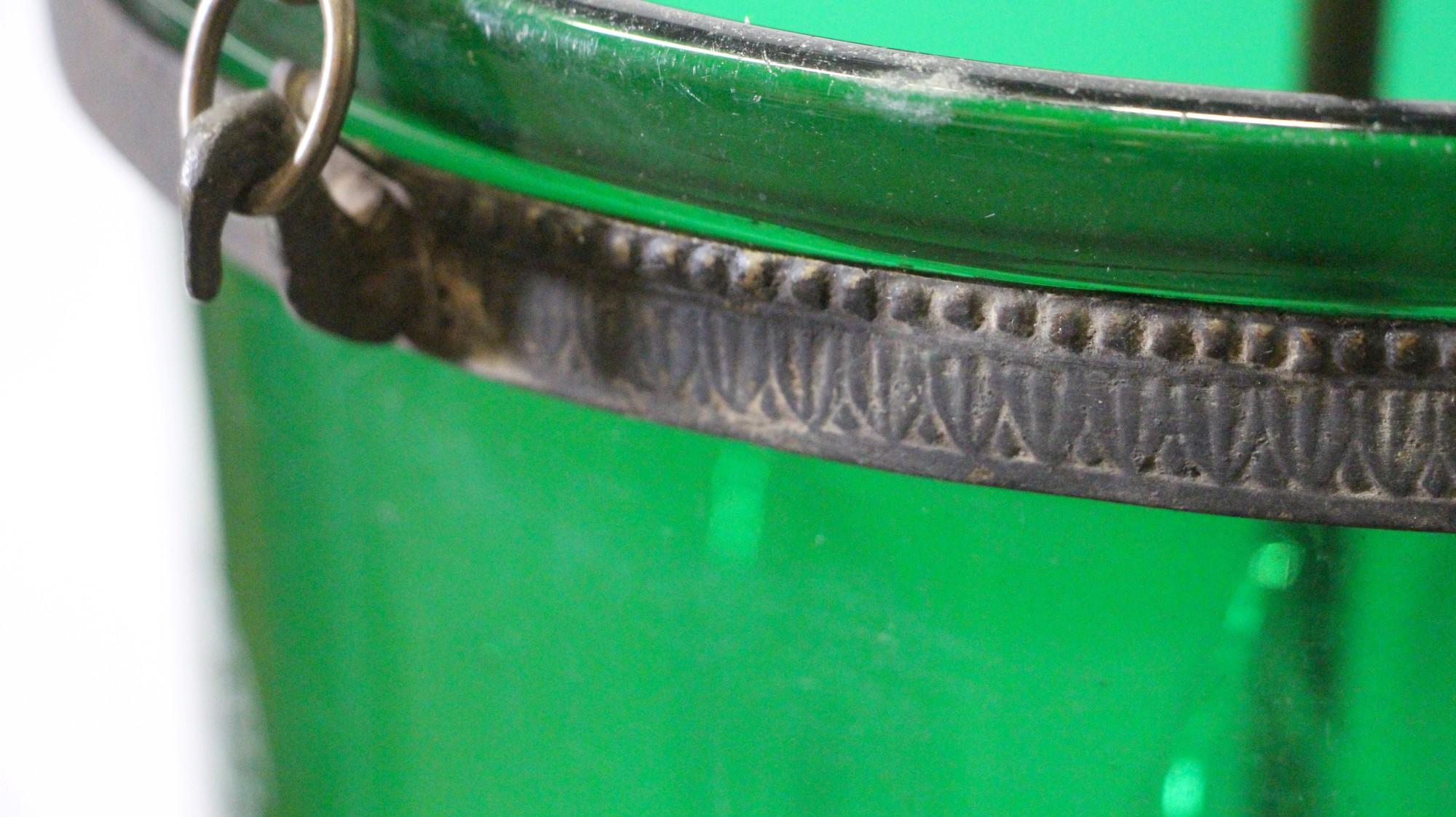 Brass Green Glass Bell Jar Pendant Light Signed Val Saint Lambert, Late 1800s
