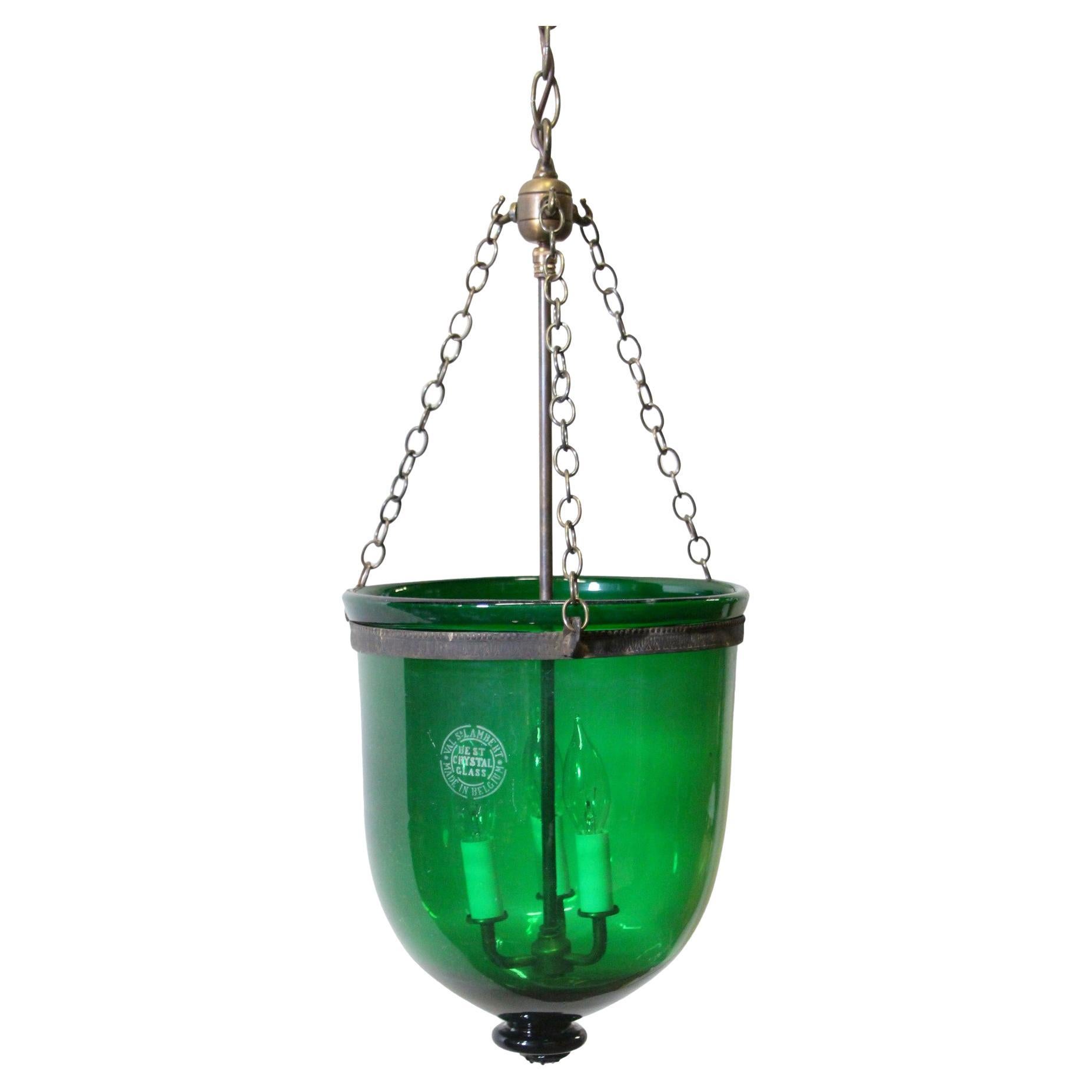 Green Glass Bell Jar Pendant Light Signed Val Saint Lambert, Late 1800s