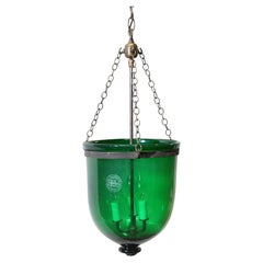 Green Glass Bell Jar Pendant Light Signed Val Saint Lambert, Late 1800s