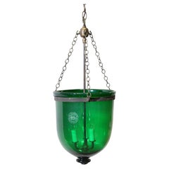 Antique Green Glass Bell Jar Pendant Light Signed Val Saint Lambert, Late 1800s