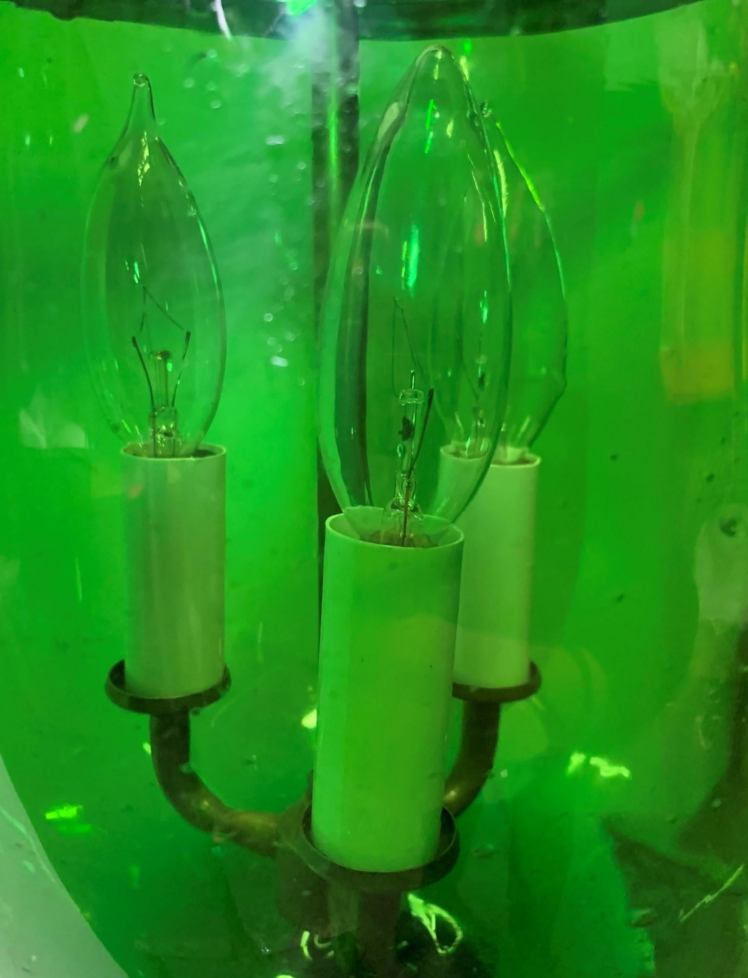 Green Glass Bell Jar Pendant Light w/ Brass Hardware 3 Lights 5