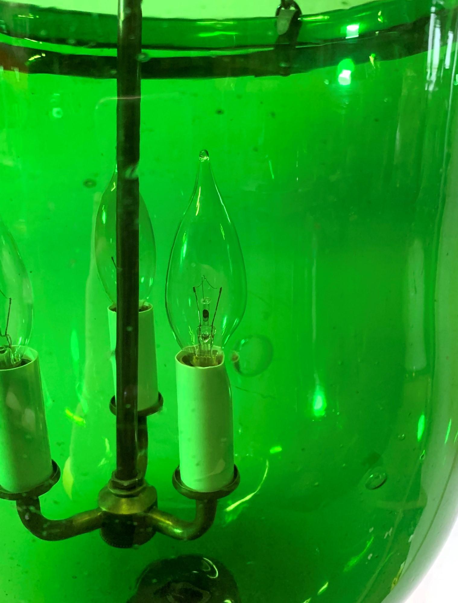 Green Glass Bell Jar Pendant Light w/ Brass Hardware 3 Lights 6
