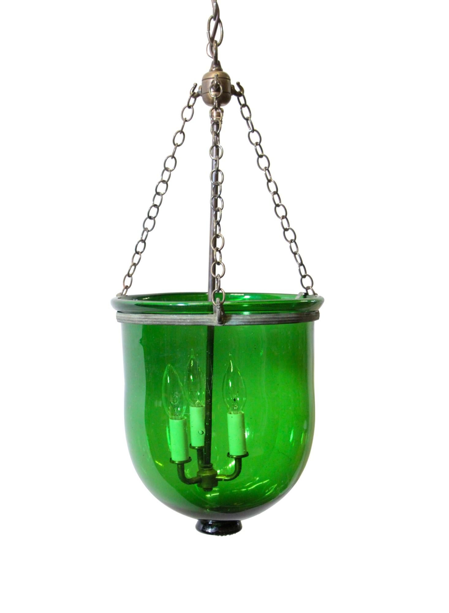 European Green Glass Bell Jar Pendant Light w/ Brass Hardware 3 Lights