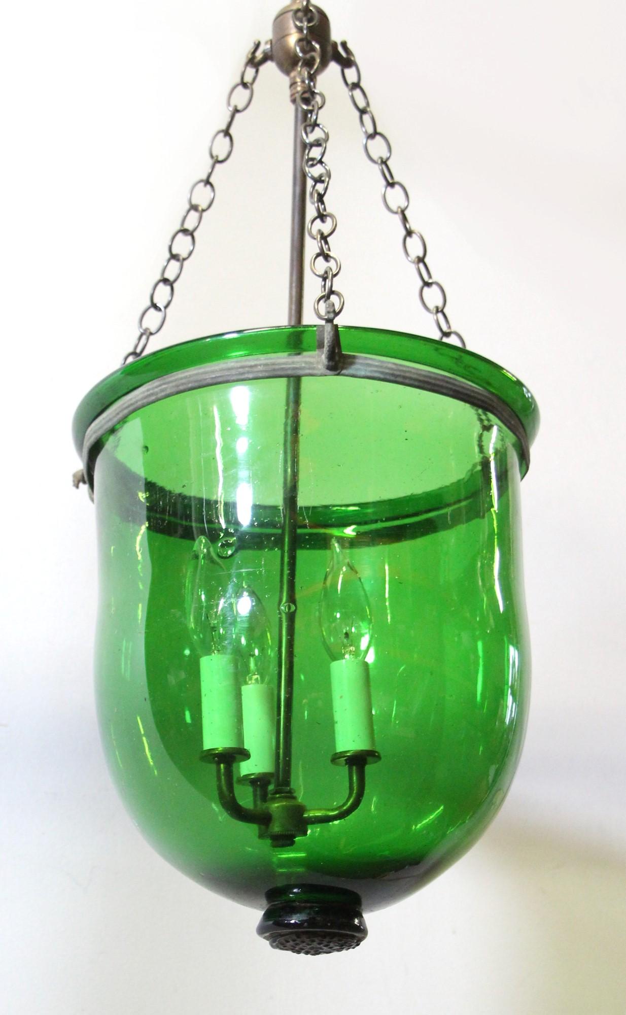 Green Glass Bell Jar Pendant Light w/ Brass Hardware 3 Lights In Good Condition In New York, NY