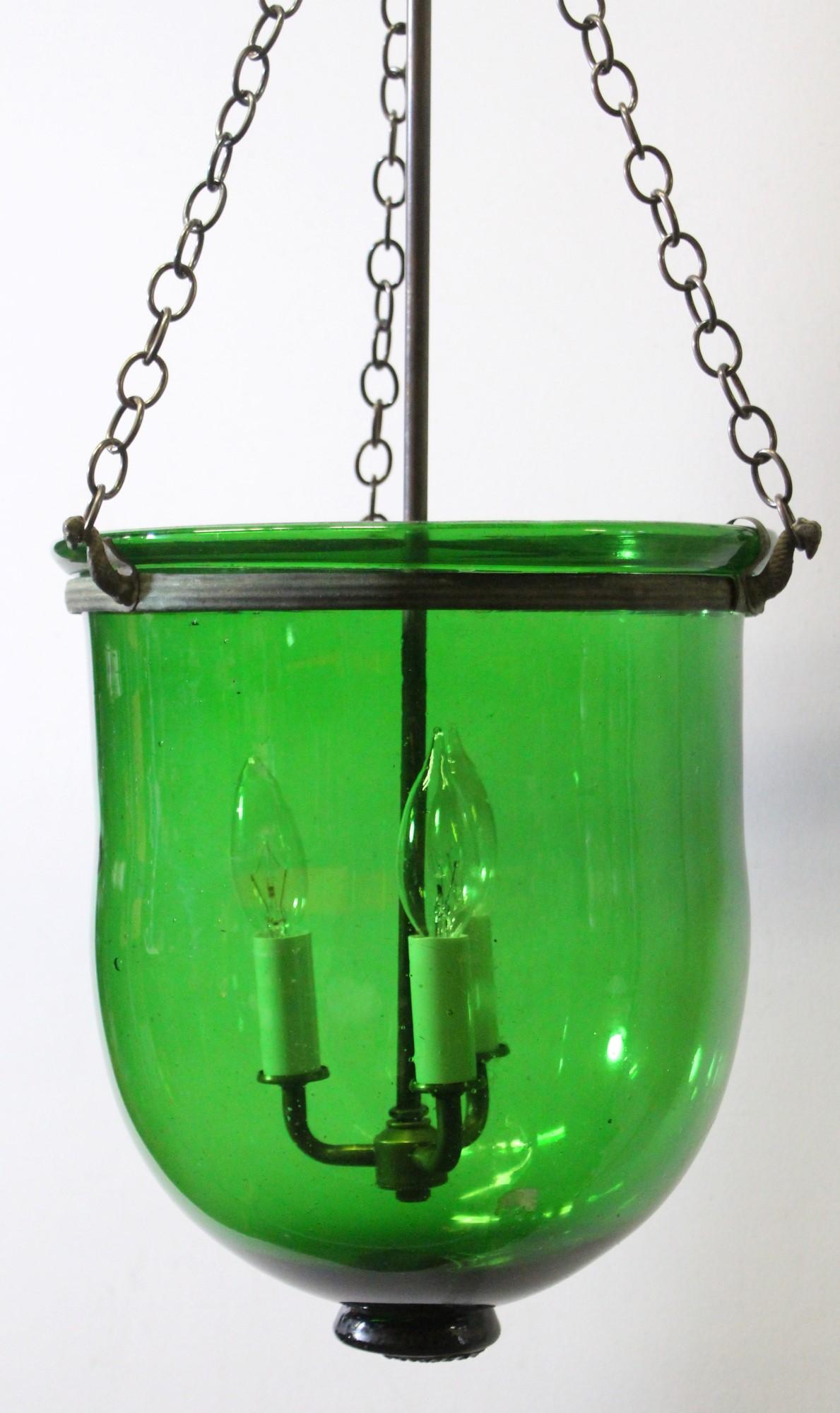 20th Century Green Glass Bell Jar Pendant Light w/ Brass Hardware 3 Lights