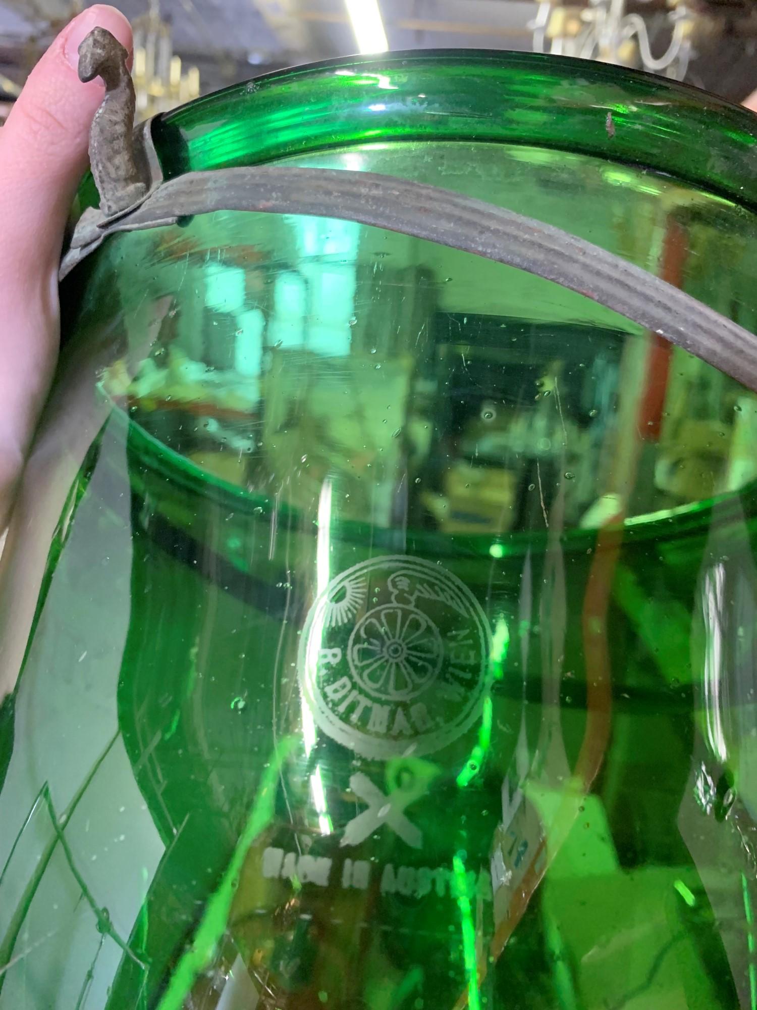 Green Glass Bell Jar Pendant Light w/ Brass Hardware 3 Lights 4