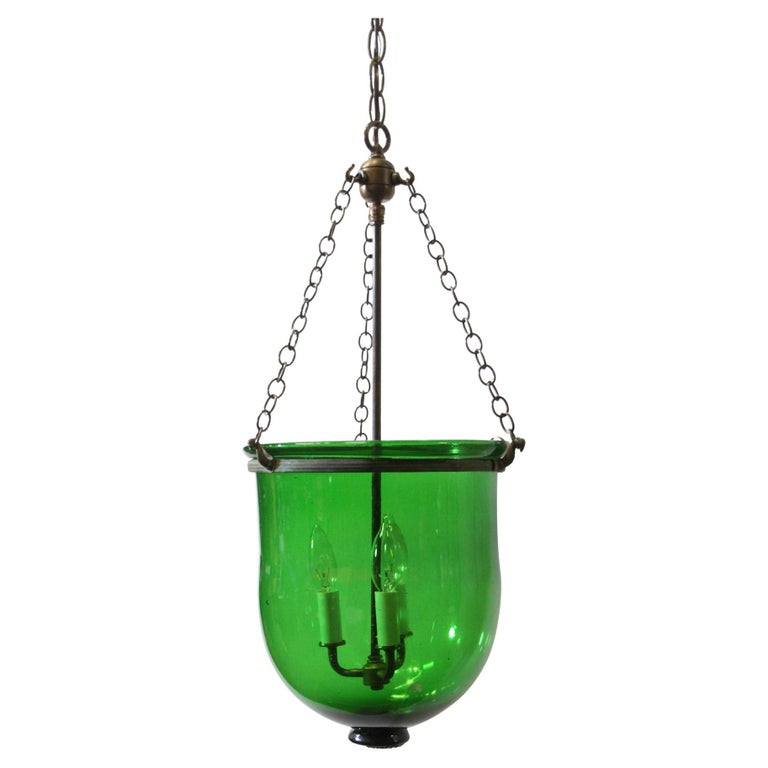 Green Glass Bell Jar Pendant Light w/ Brass Hardware 3 Lights For Sale
