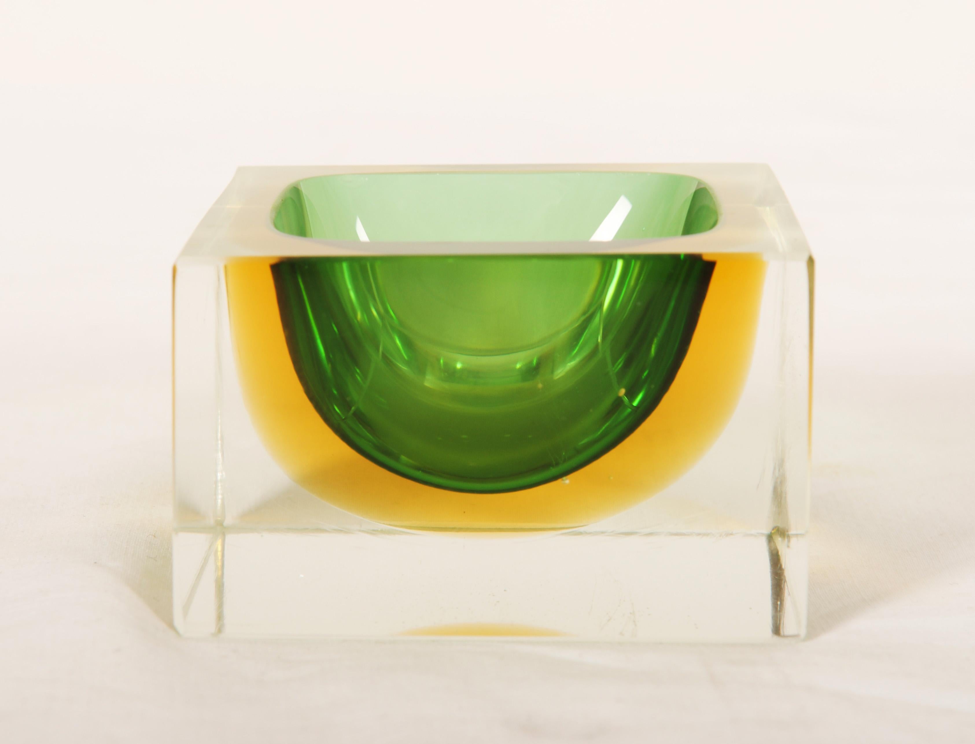 Mid-Century Modern Green Glass Block Cube Murano Ashtray by Flavio Poli For Sale