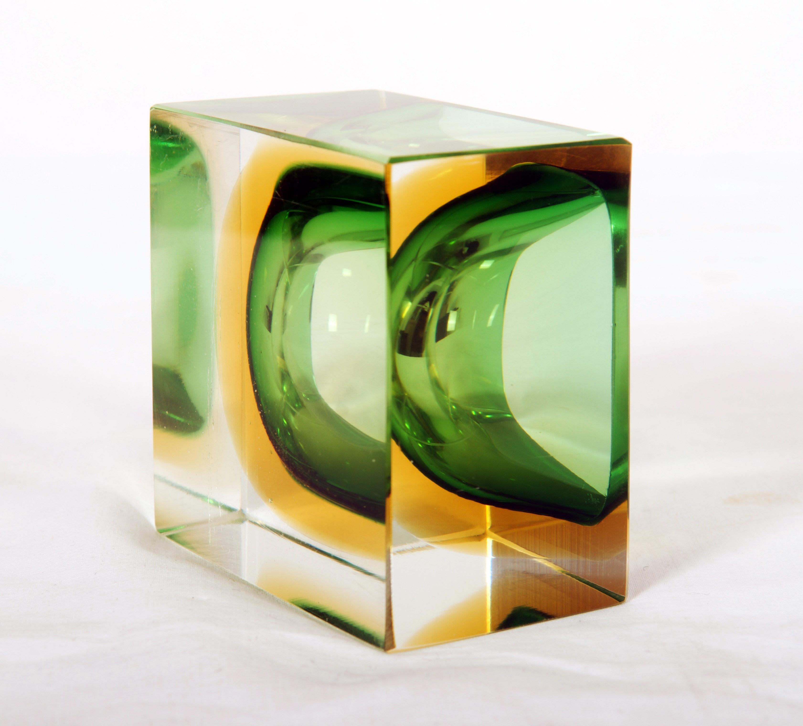 Mid-Century Modern Green Glass Block Cube Murano Ashtray by Flavio Poli For Sale