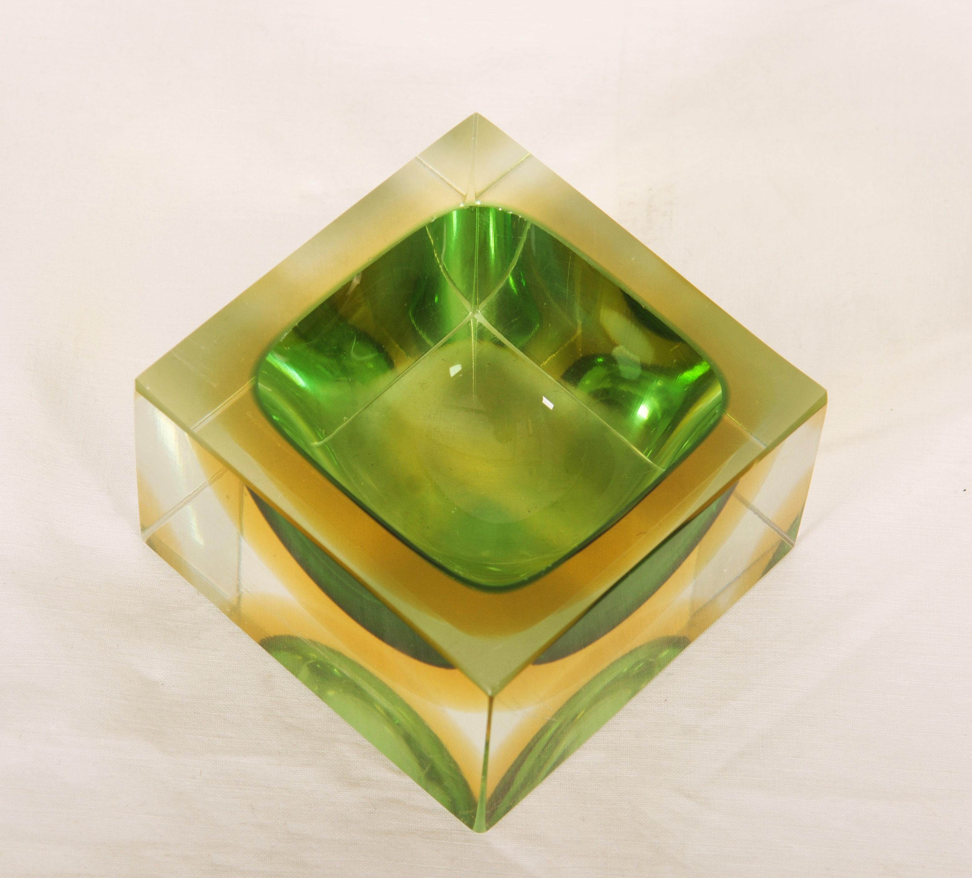 Mid-Century Modern Green Glass Block Cube Murano Ashtray by Flavio Poli For Sale