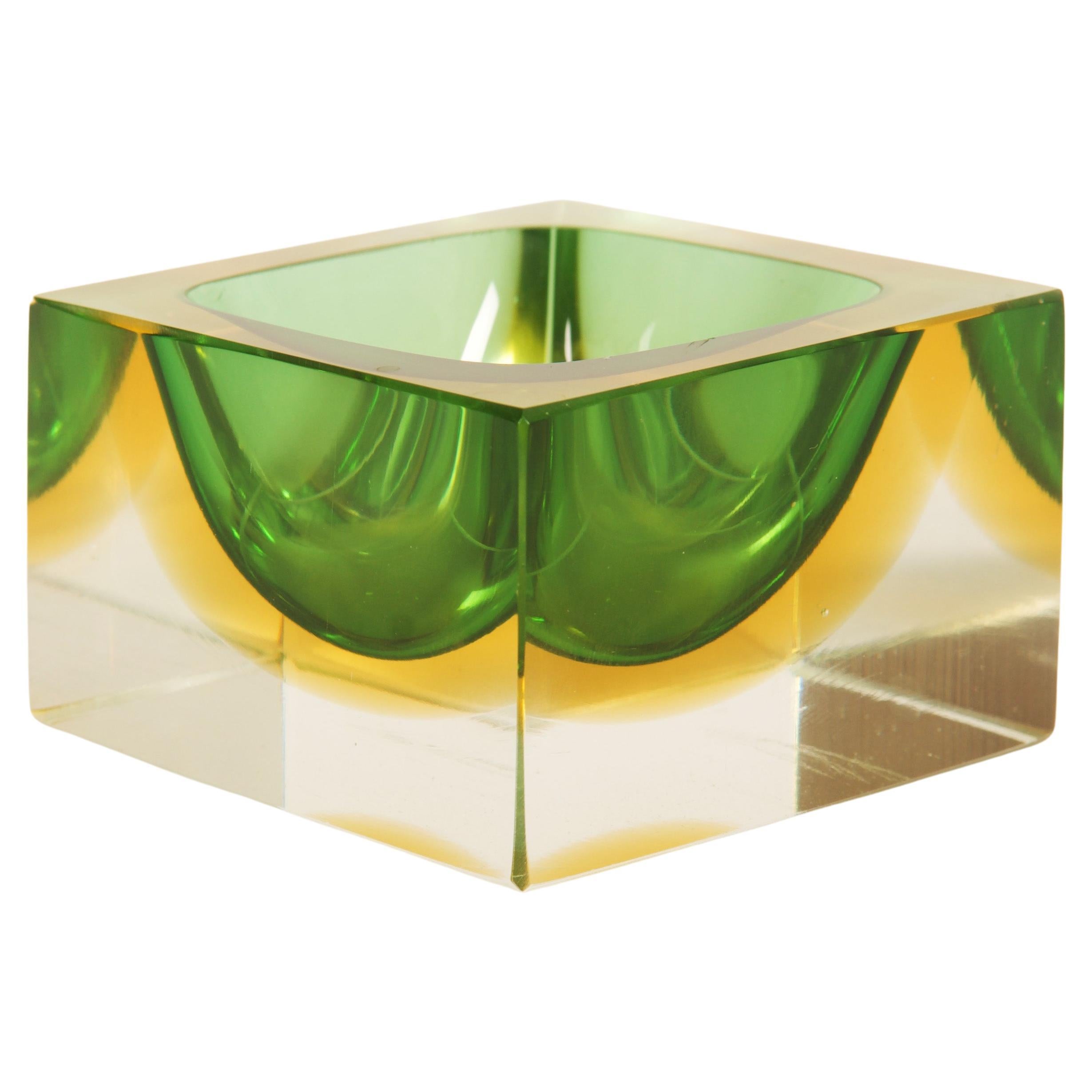 Green Glass Block Cube Murano Ashtray by Flavio Poli