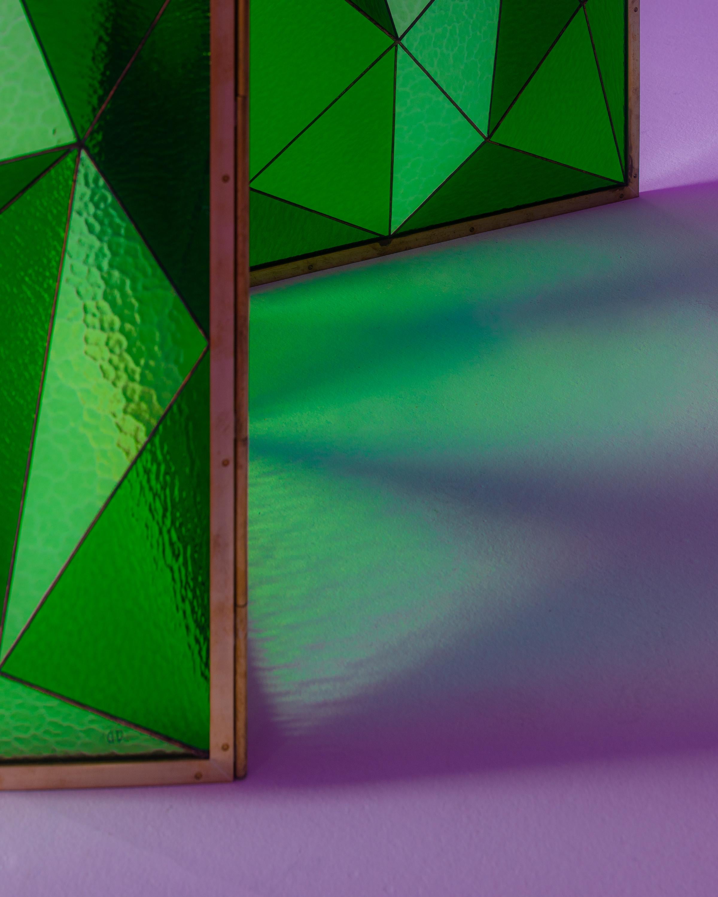 Stained Green Glass-Brass Fractal Room Divider by Analogia Project for Delvis Unlimited For Sale