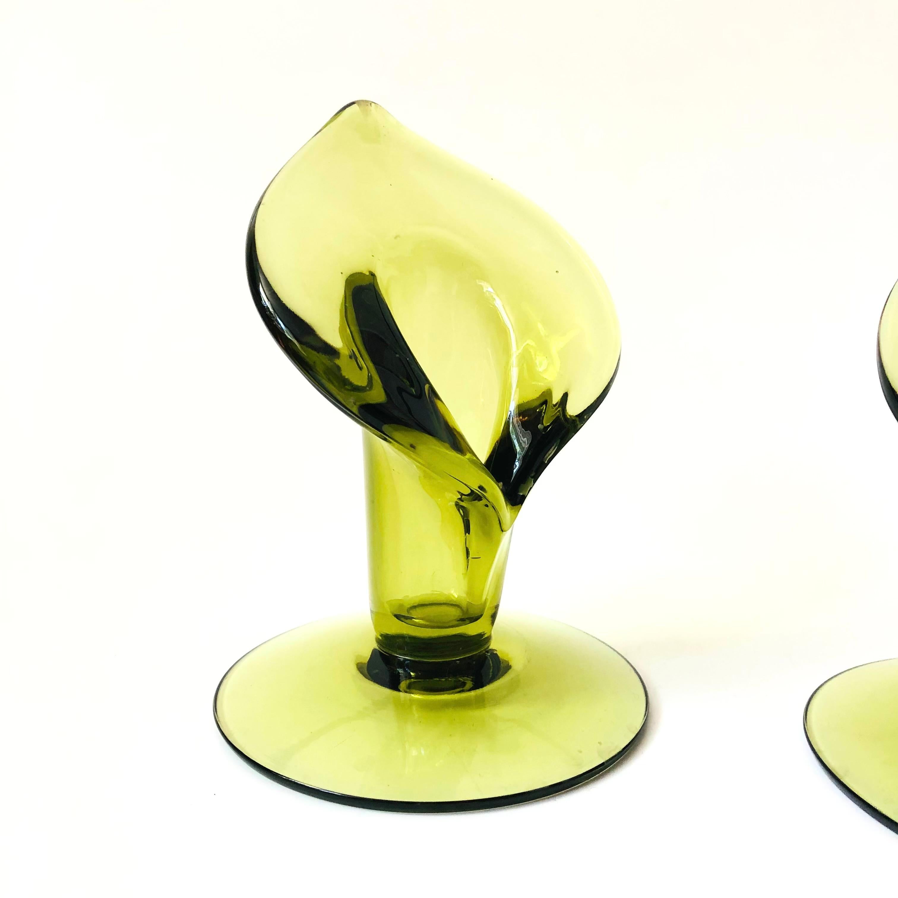 20th Century Green Glass Calla Lily Candle Holders by Cambridge Glass - Set of 2