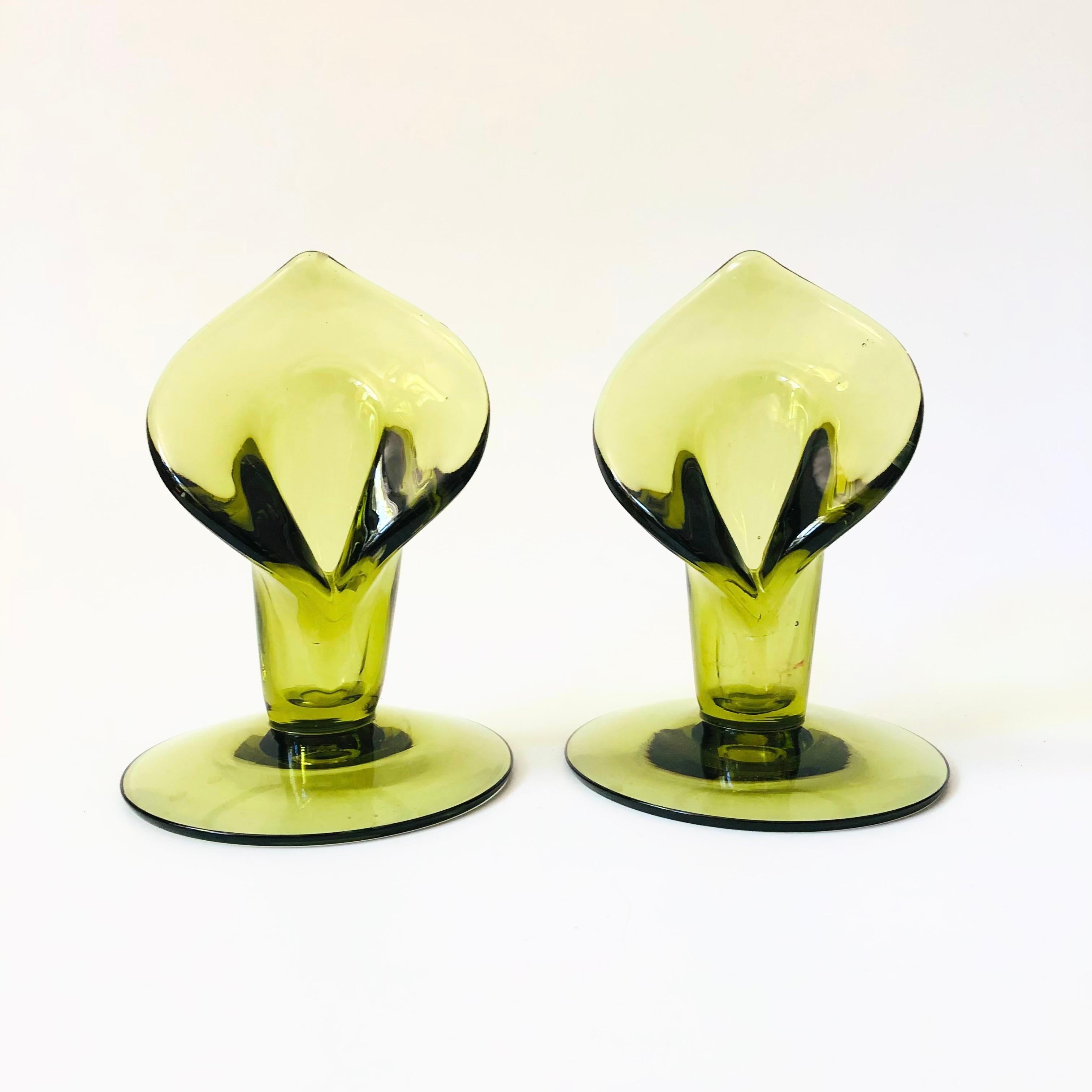 Green Glass Calla Lily Candle Holders by Cambridge Glass - Set of 2 2