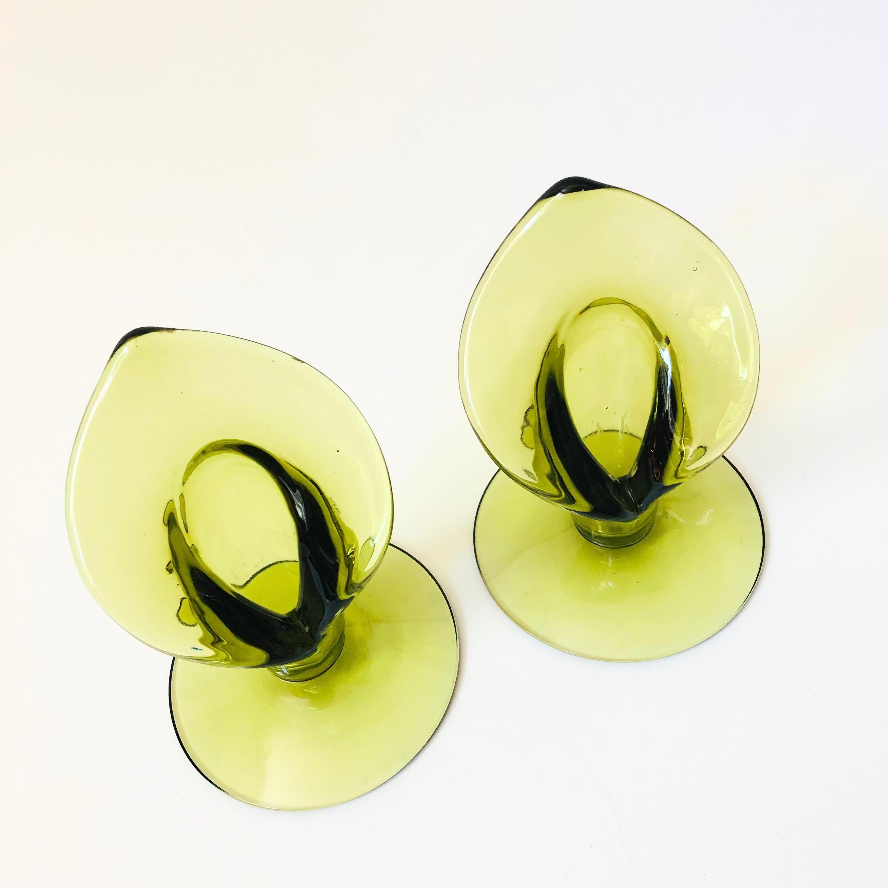 Green Glass Calla Lily Candle Holders by Cambridge Glass - Set of 2 3
