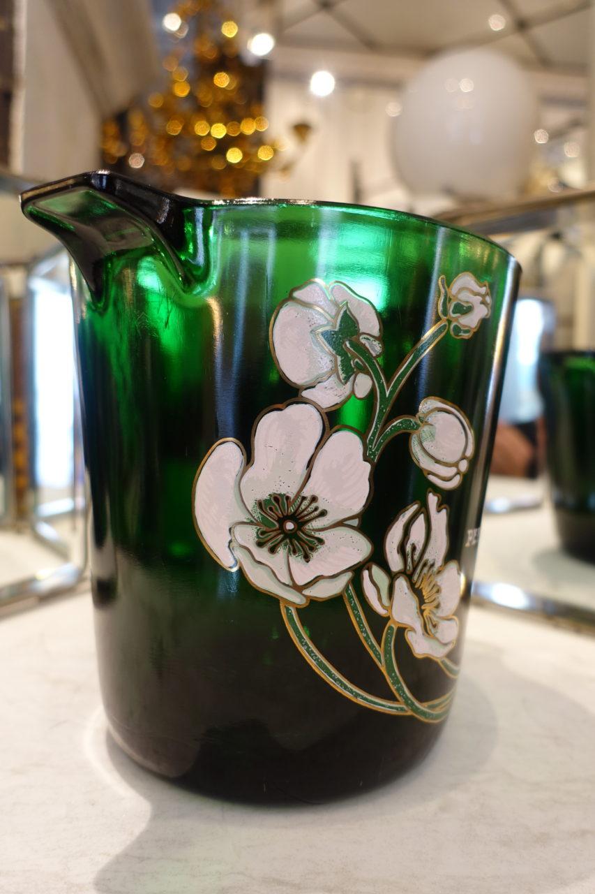 Very rare, vintage French champagne cooler/ice bucket, in stunning bottle green glass. Provenance the legendary champagne house of Perrier Jouët. Known for its stunning and characteristic Art Nouveau white Japanese anemones, created by Emile Gallé,