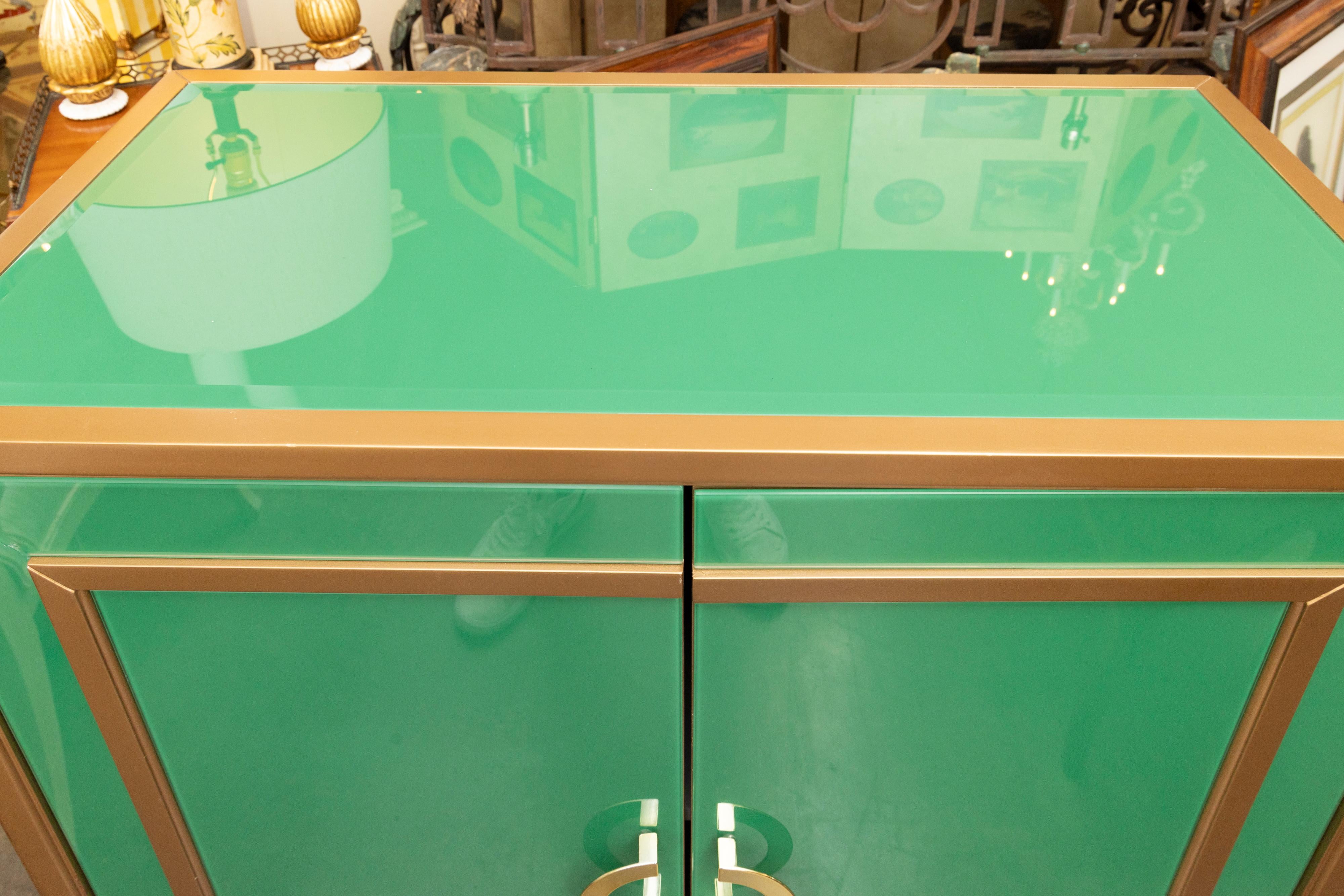 Green Glass and Brass Cabinet In Good Condition In WEST PALM BEACH, FL