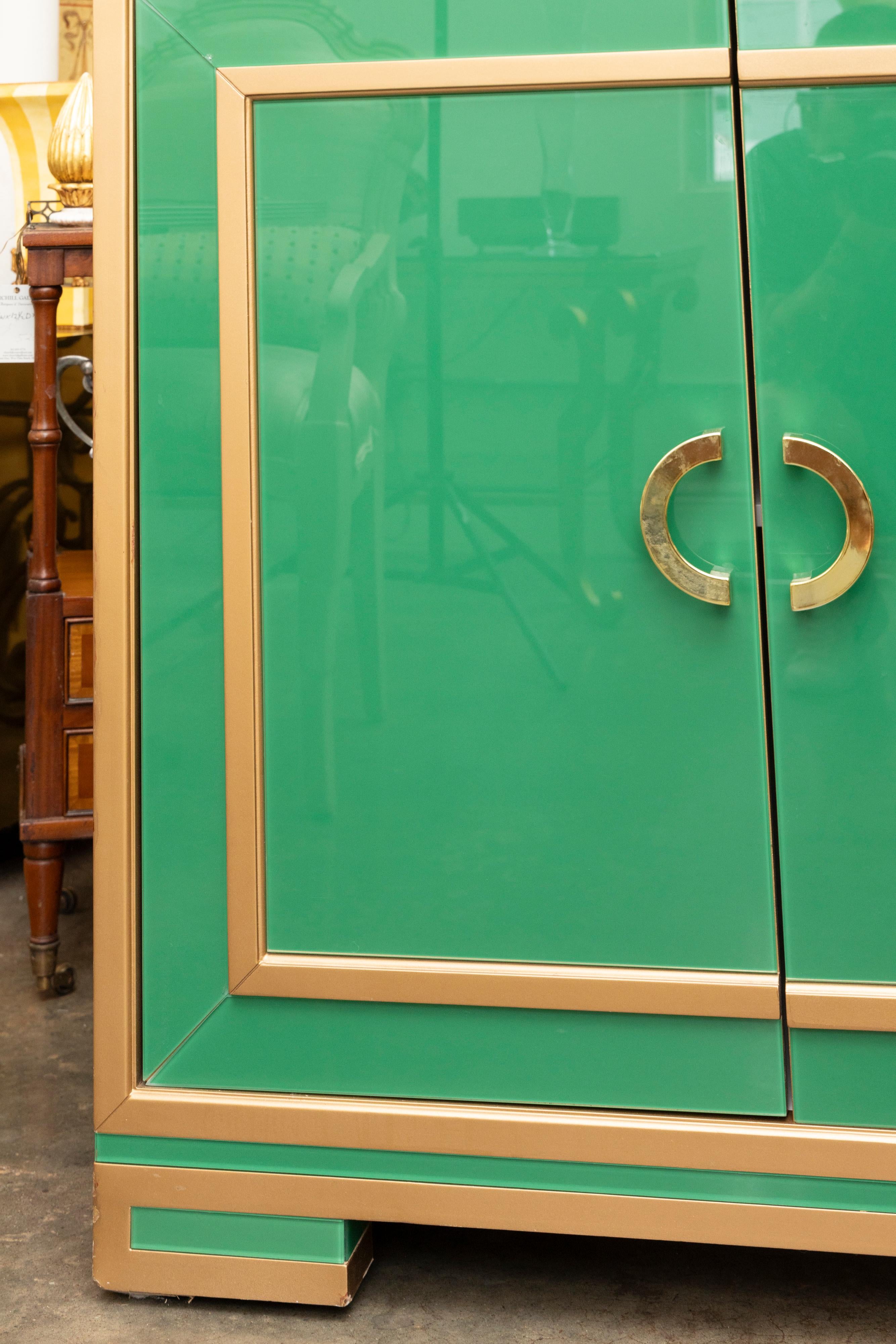 20th Century Green Glass and Brass Cabinet