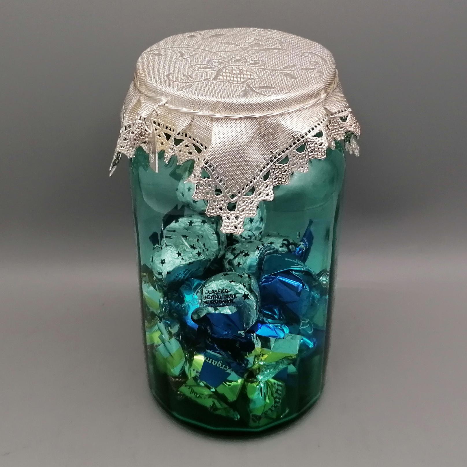 Other Green glass chocolate or sweets jar with 925 sterling silver lid For Sale